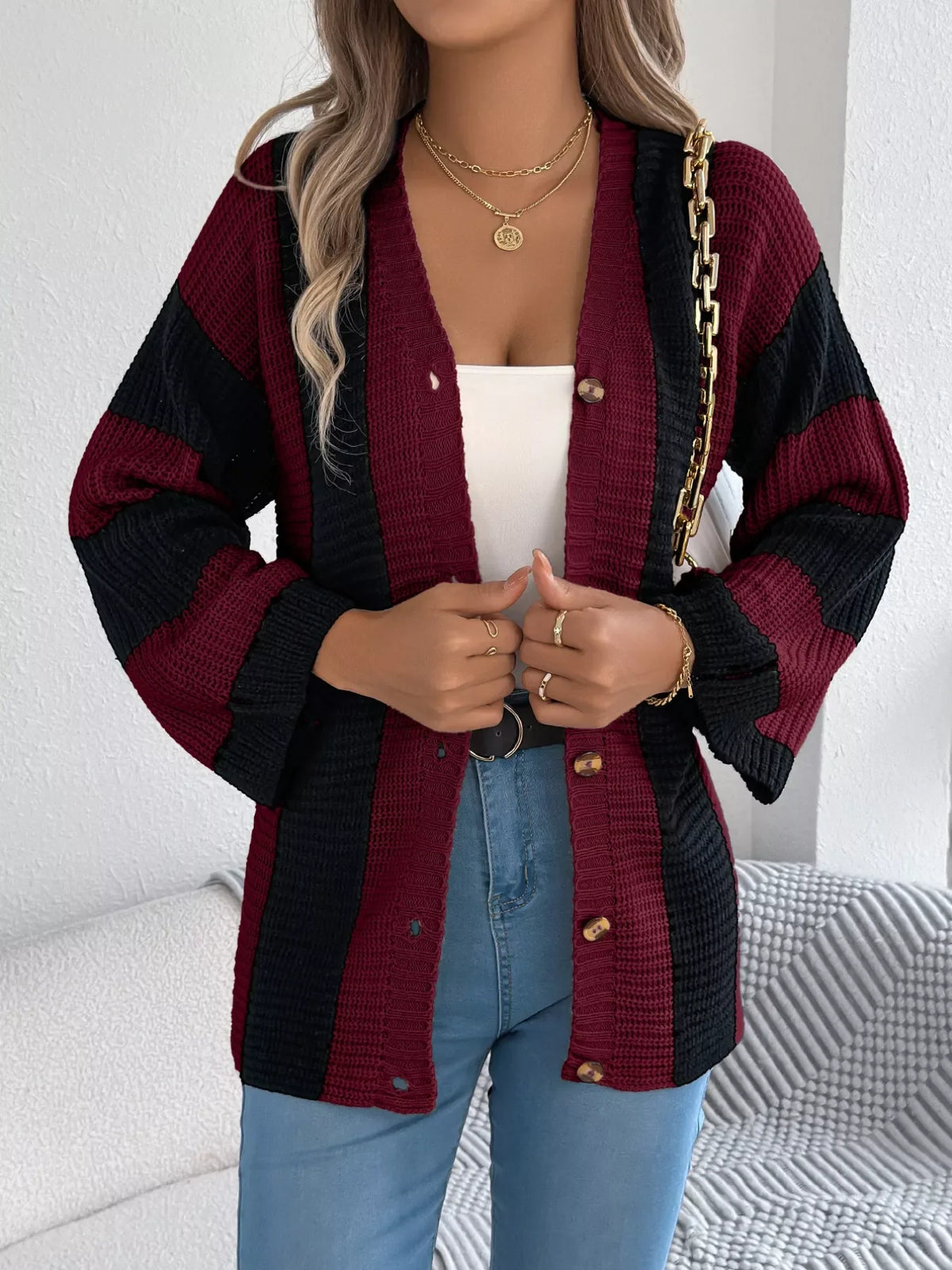 Color Block Button-Up Cardigan