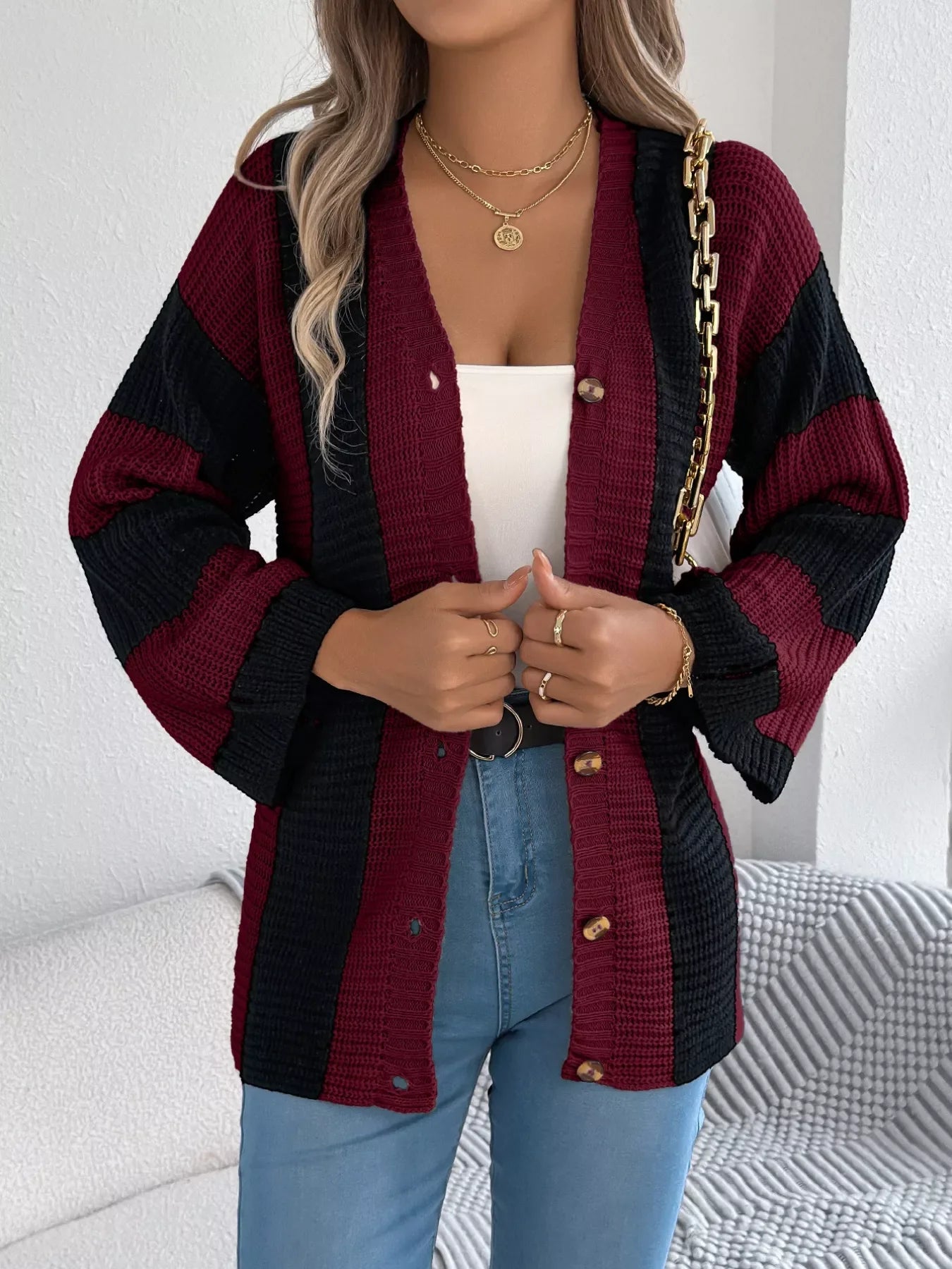 Color Block Button-Up Cardigan