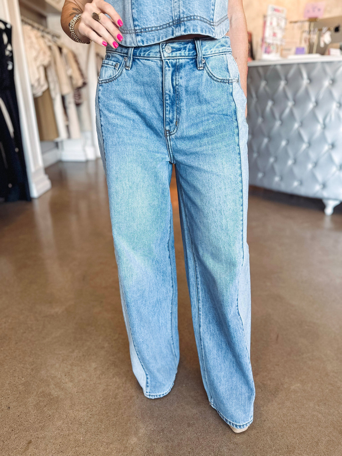 Daze Denim Denim Daze The Wanderer Mid-Rise Palazzo Mixed Denim-- Coast