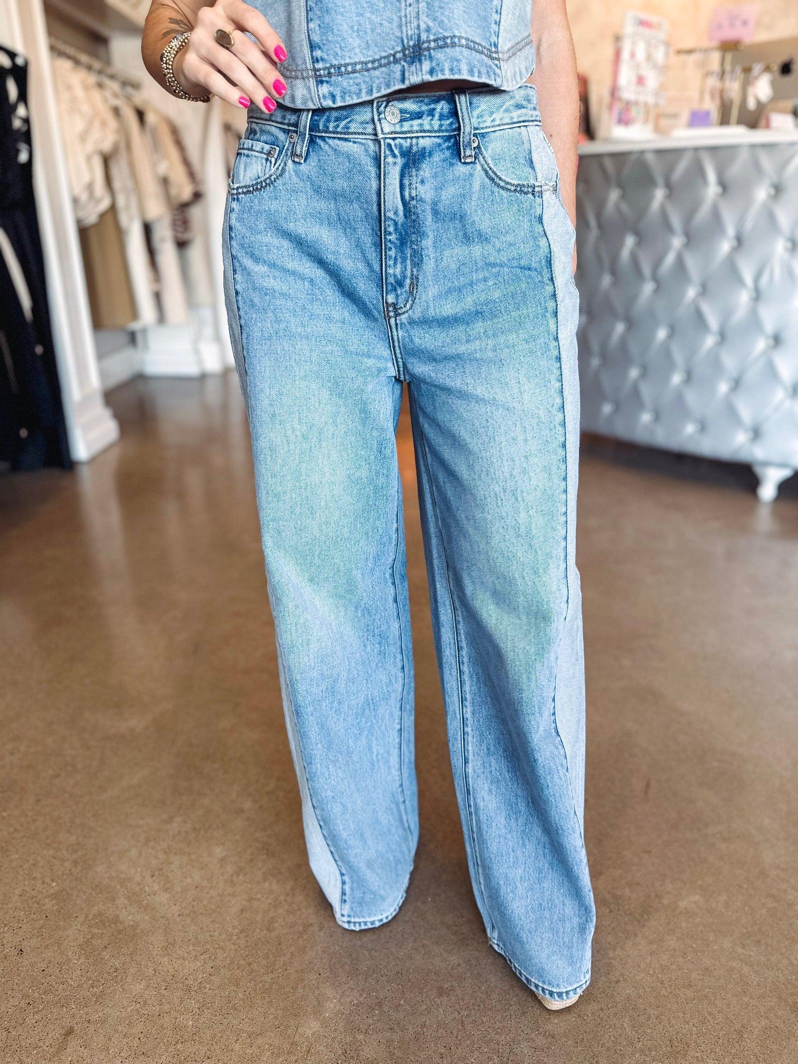 Daze Denim Denim Daze The Wanderer Mid-Rise Palazzo Mixed Denim-- Coast