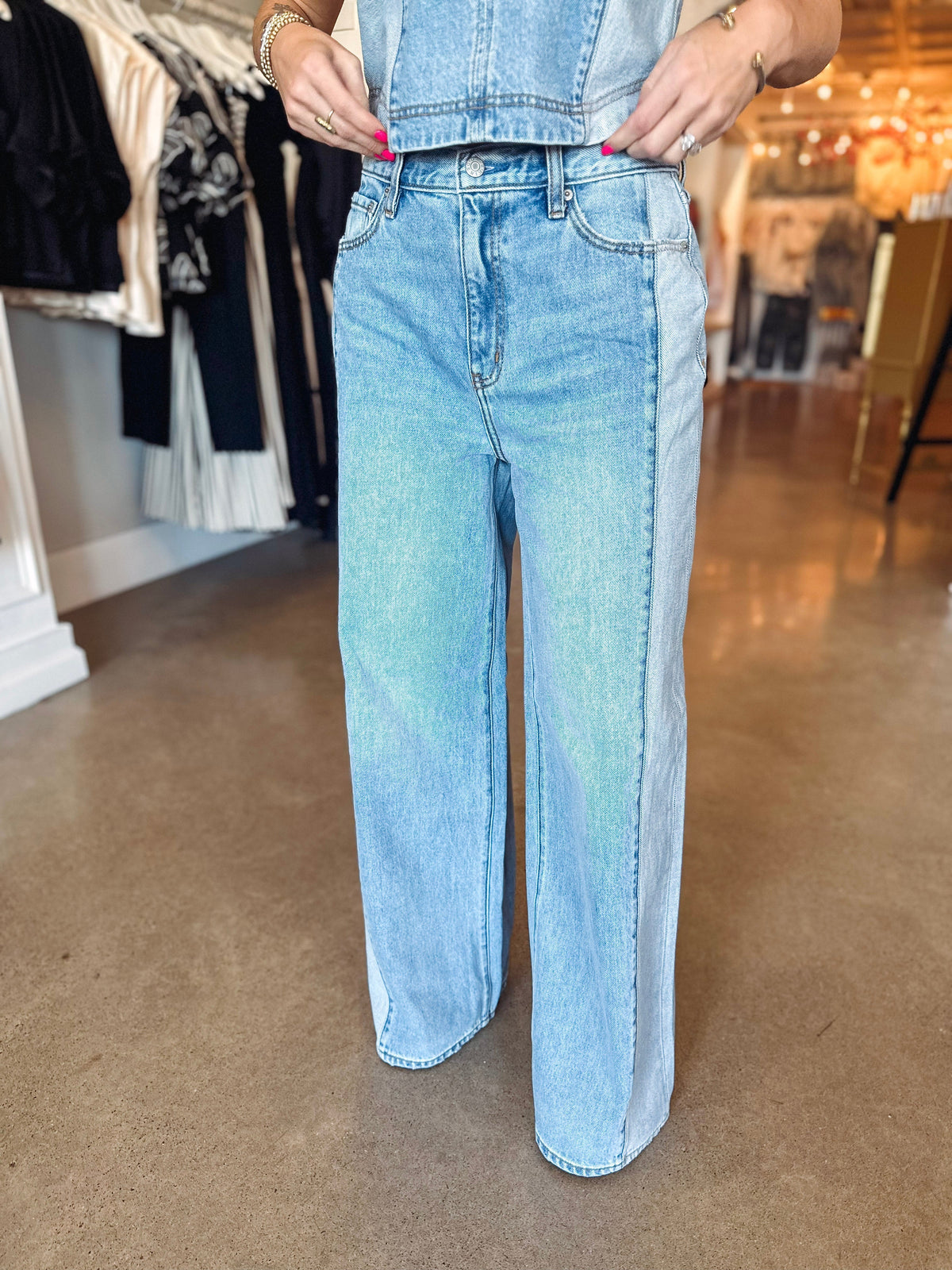 Daze Denim Denim Daze The Wanderer Mid-Rise Palazzo Mixed Denim-- Coast