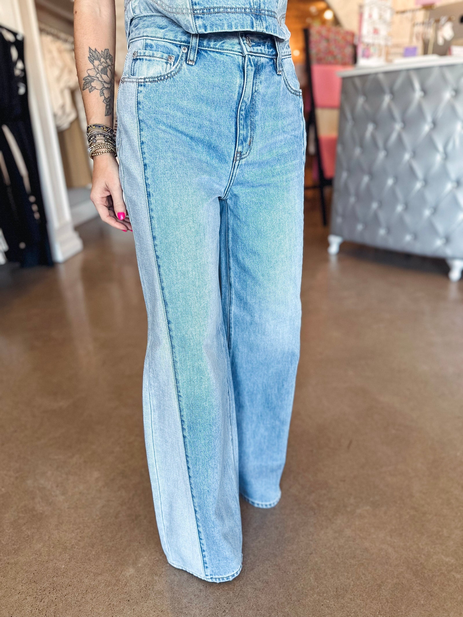 Daze Denim Denim Daze The Wanderer Mid-Rise Palazzo Mixed Denim-- Coast