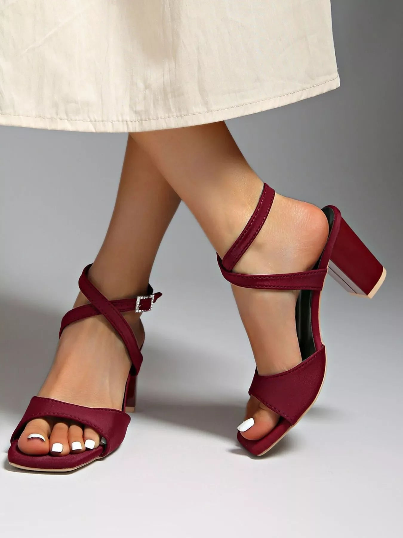 Open Toe Block Heels Sandals - Maroon or Black
