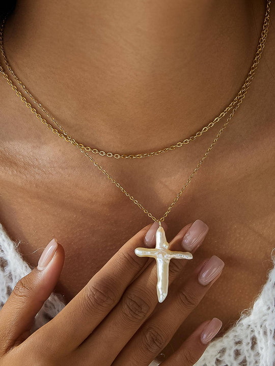 Eccentrics Boutique Jewelry Aurise Freshwater Pearl Cross Necklace Gold