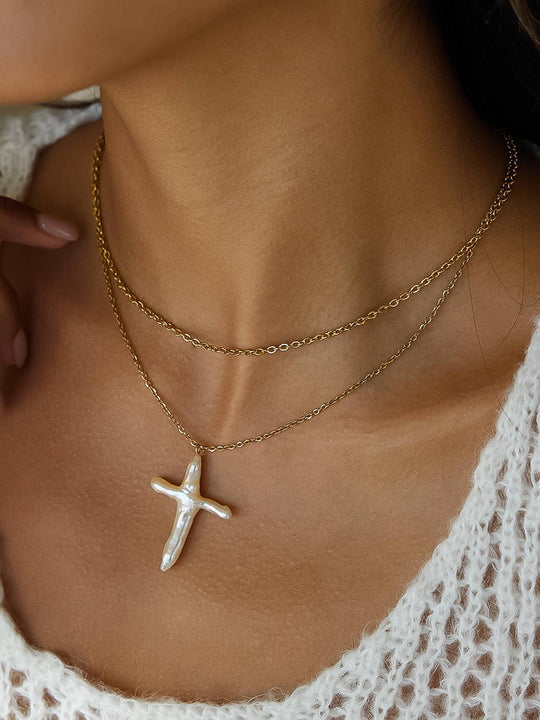 Eccentrics Boutique Jewelry Aurise Freshwater Pearl Cross Necklace Gold
