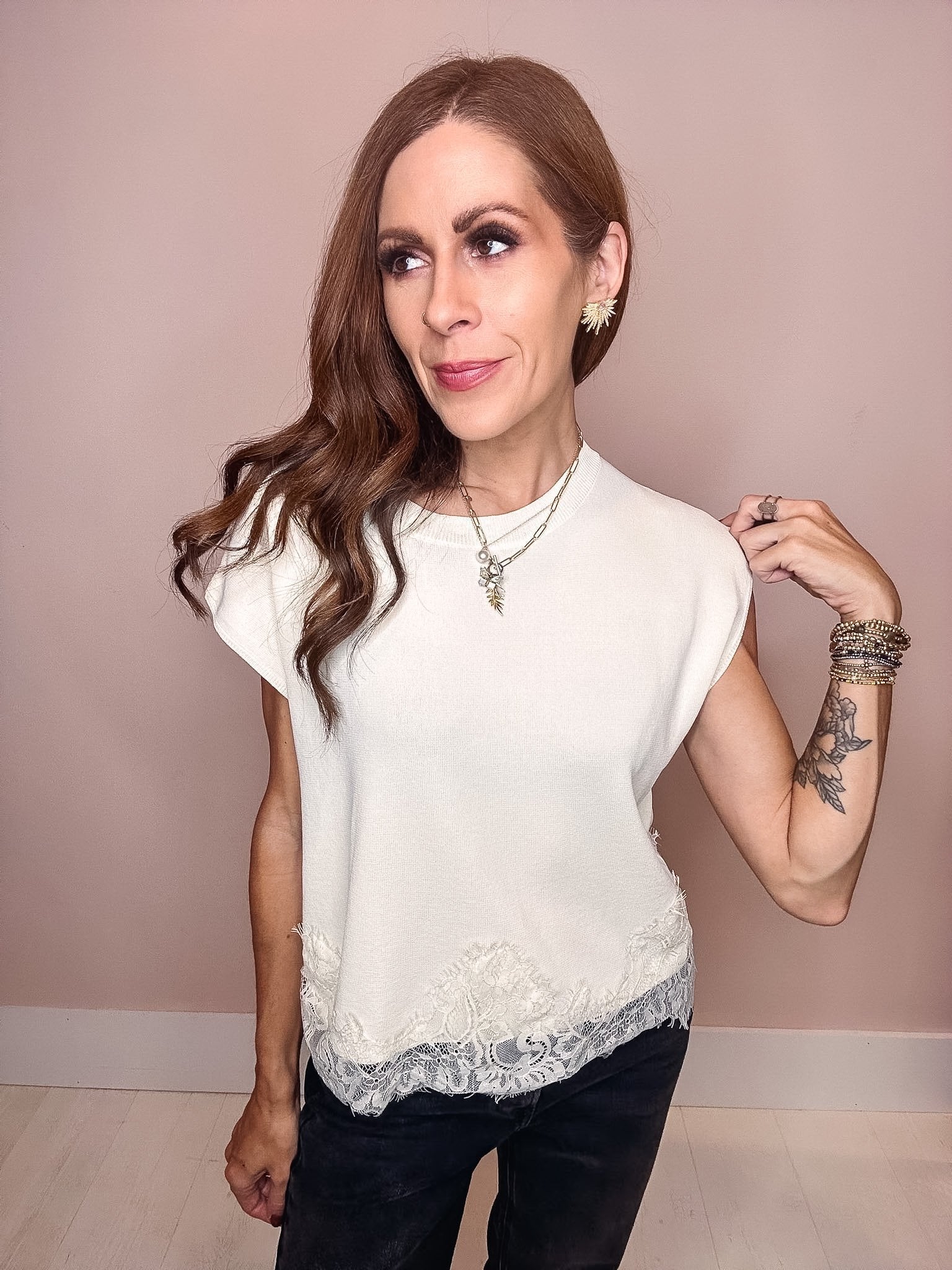 Autumn Leaves Lace Trim Top-- Cream