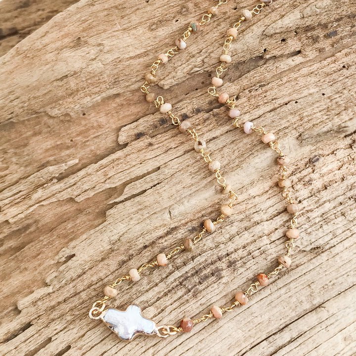 Eccentrics Boutique Jewelry Beaded Necklace with Pearl Bezel Cross Sand