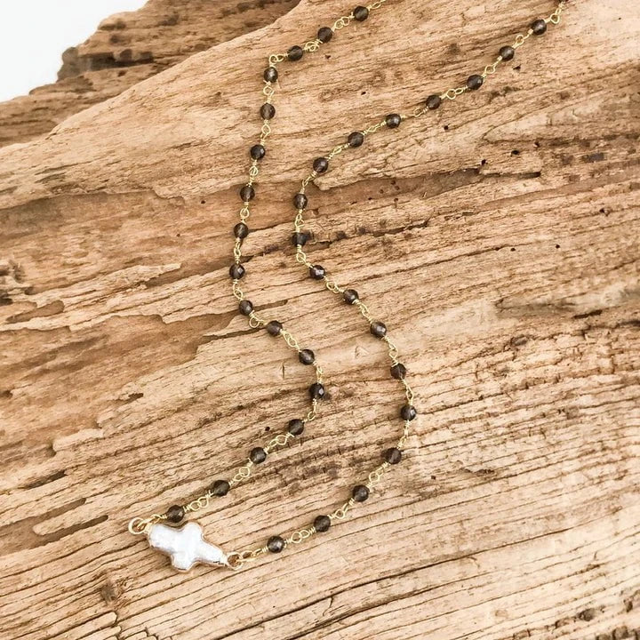 Eccentrics Boutique Jewelry Beaded Necklace with Pearl Bezel Cross Chocolate