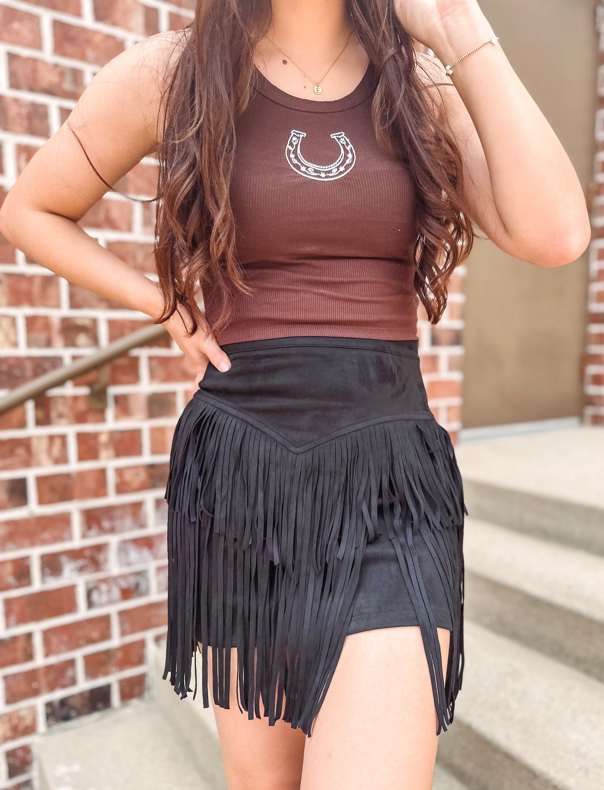 Boot Scootin' Tiered Fringe Mini Skirt-- Black