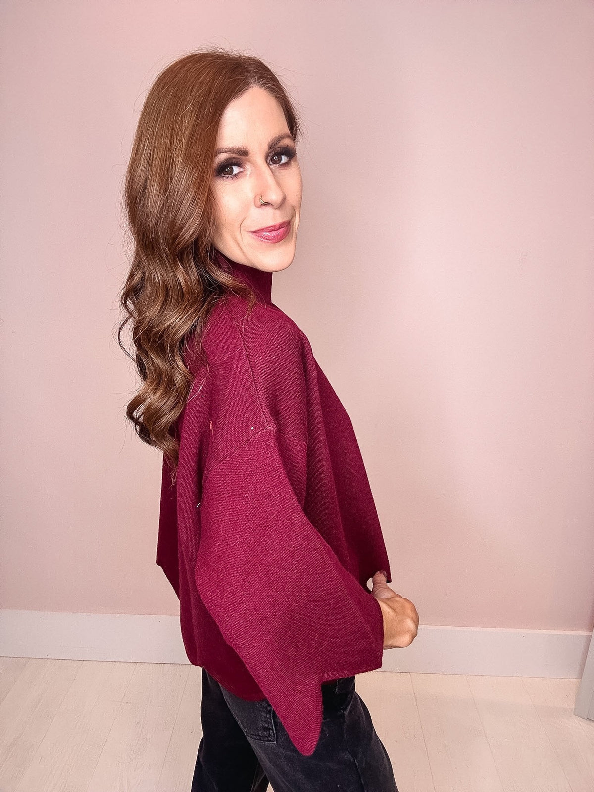 Cabernet Scalloped Hem Mock Neck Sweater