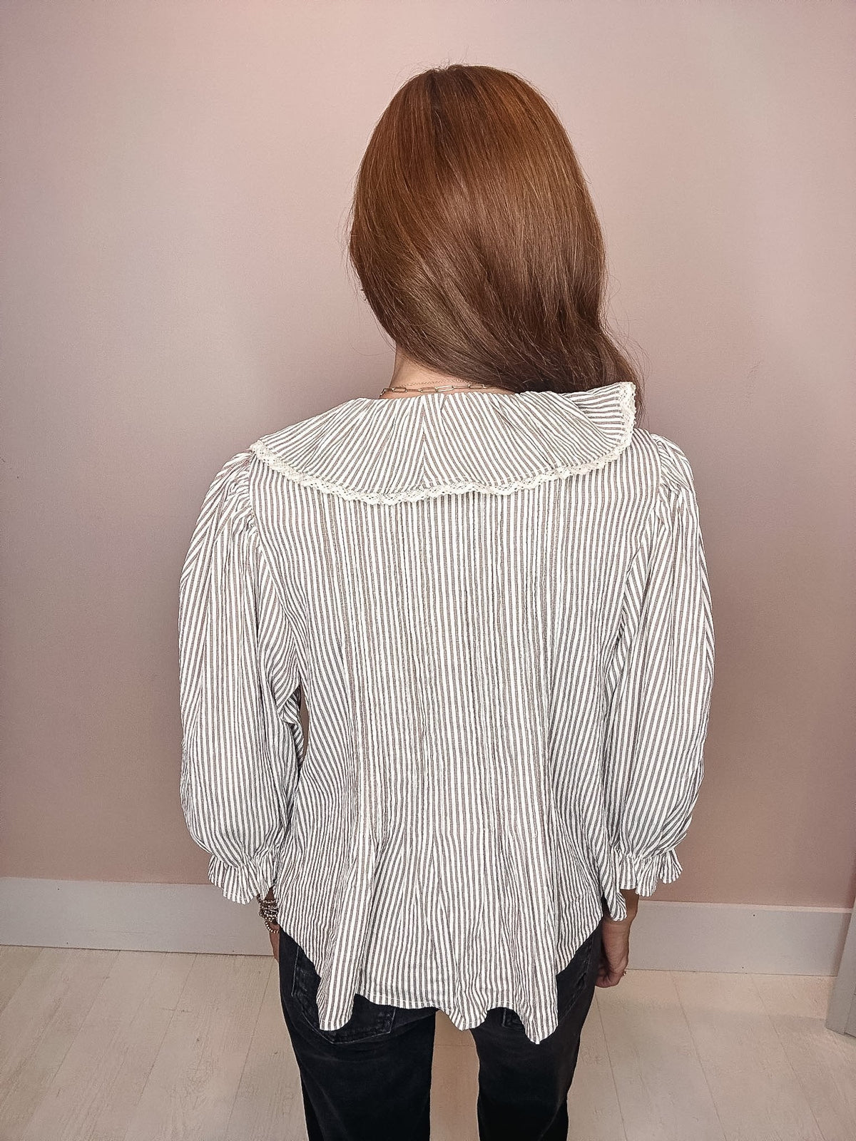 Chai Latté Striped Ruffle Blouse