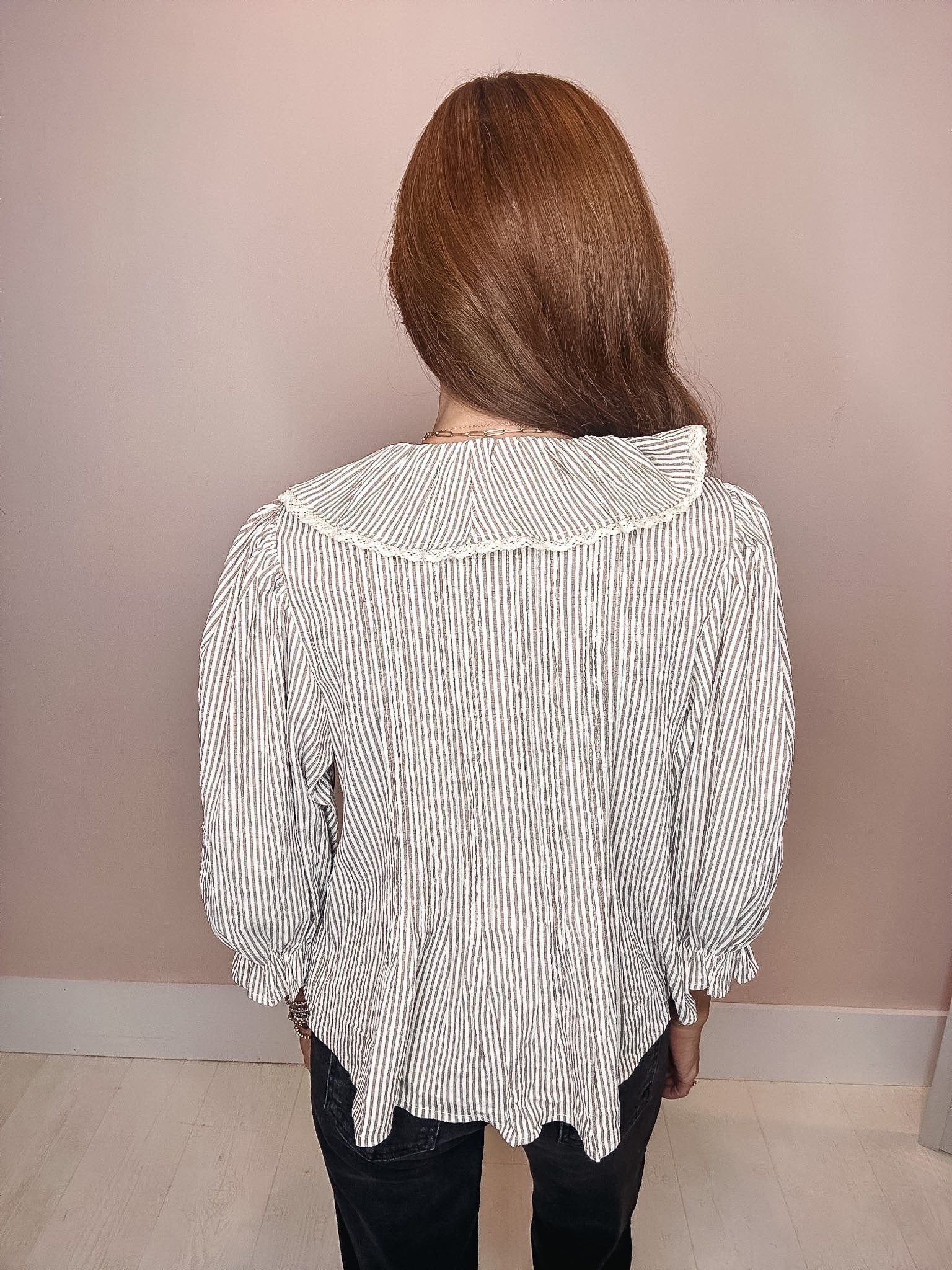 Chai Latté Striped Ruffle Blouse