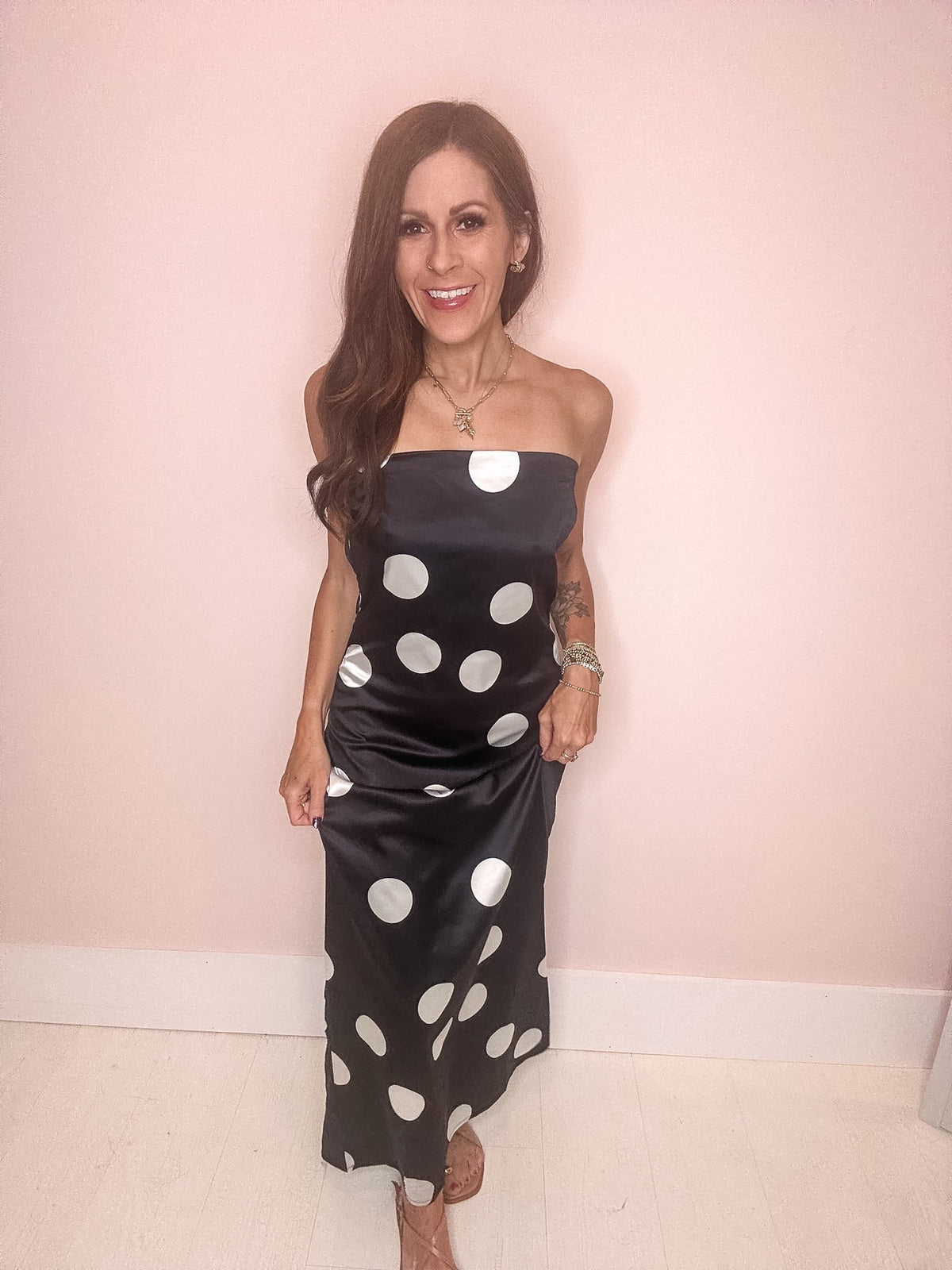 Eccentrics Boutique Dress Champagne Pop Polka Dot Satin Maxi Dress