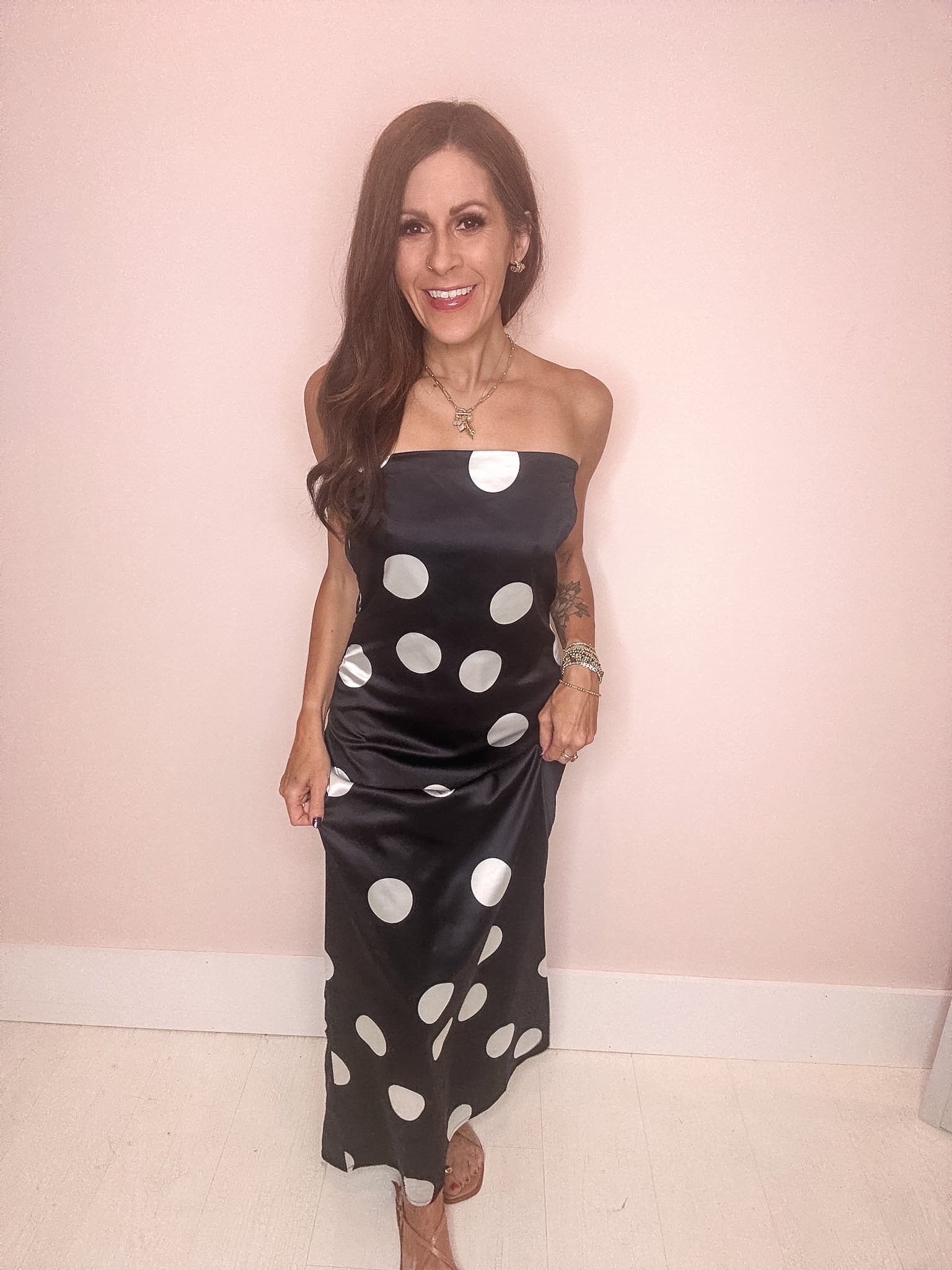 Eccentrics Boutique Dress Champagne Pop Polka Dot Satin Maxi Dress