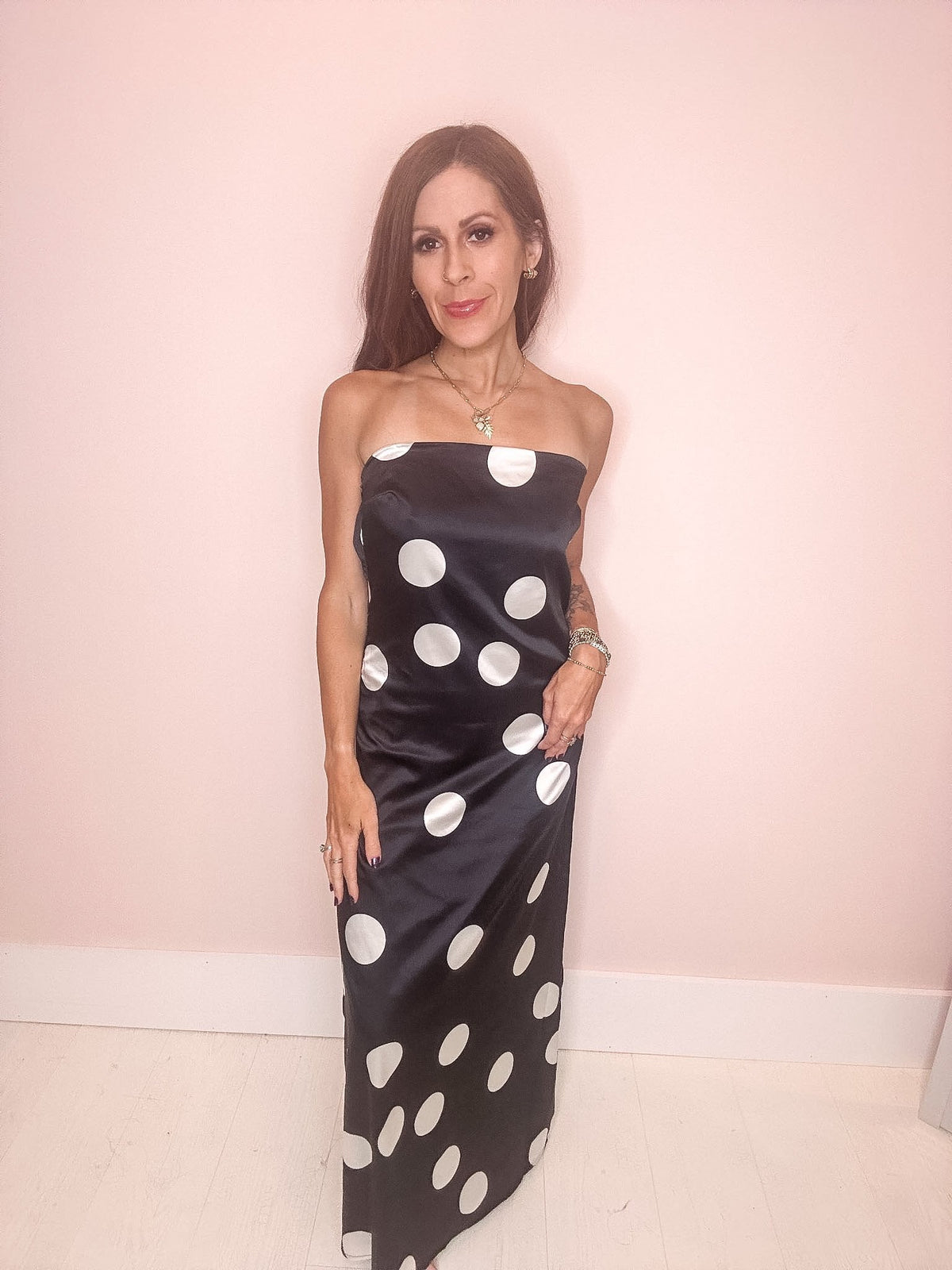 Eccentrics Boutique Dress Champagne Pop Polka Dot Satin Maxi Dress