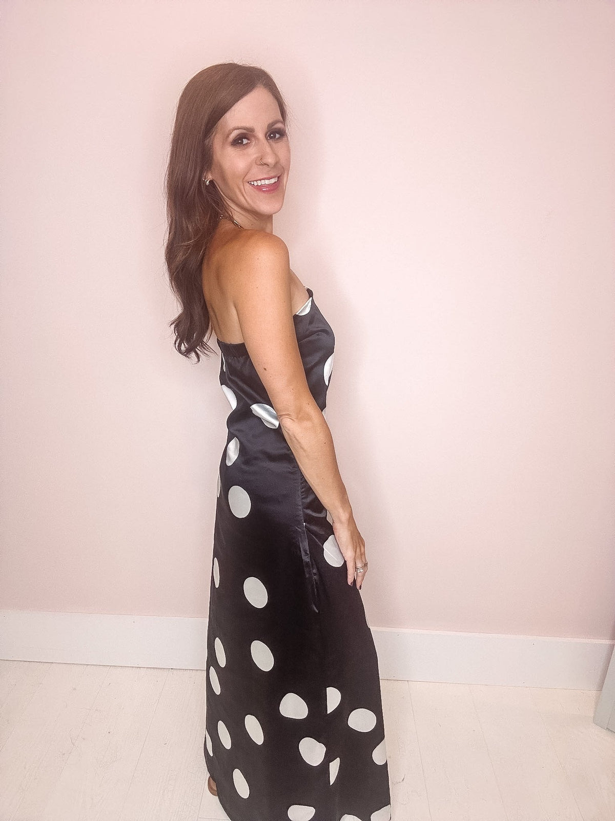 Eccentrics Boutique Dress Champagne Pop Polka Dot Satin Maxi Dress