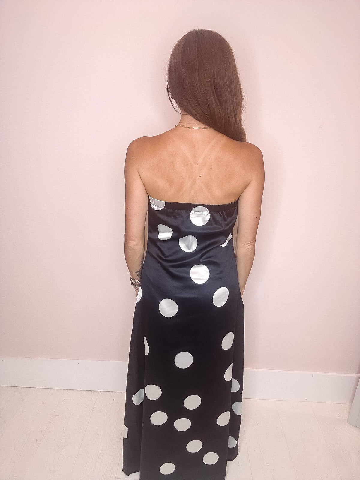 Eccentrics Boutique Dress Champagne Pop Polka Dot Satin Maxi Dress