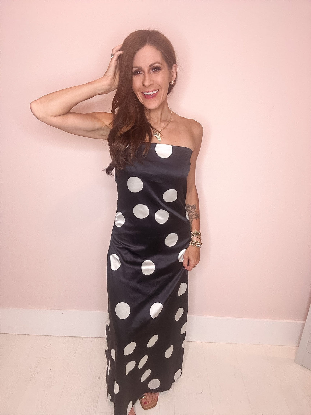 Eccentrics Boutique Dress Champagne Pop Polka Dot Satin Maxi Dress