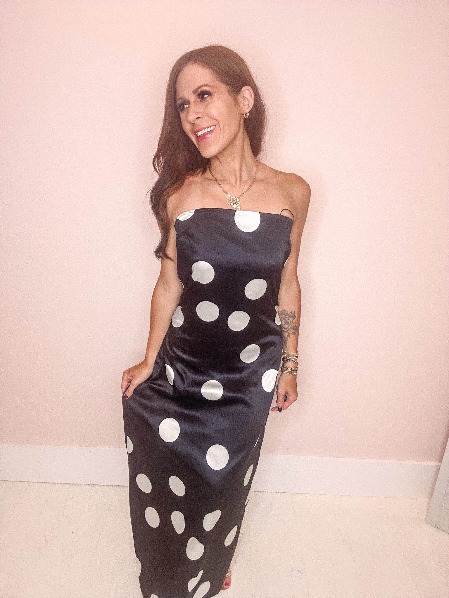 Eccentrics Boutique Dress Champagne Pop Polka Dot Satin Maxi Dress
