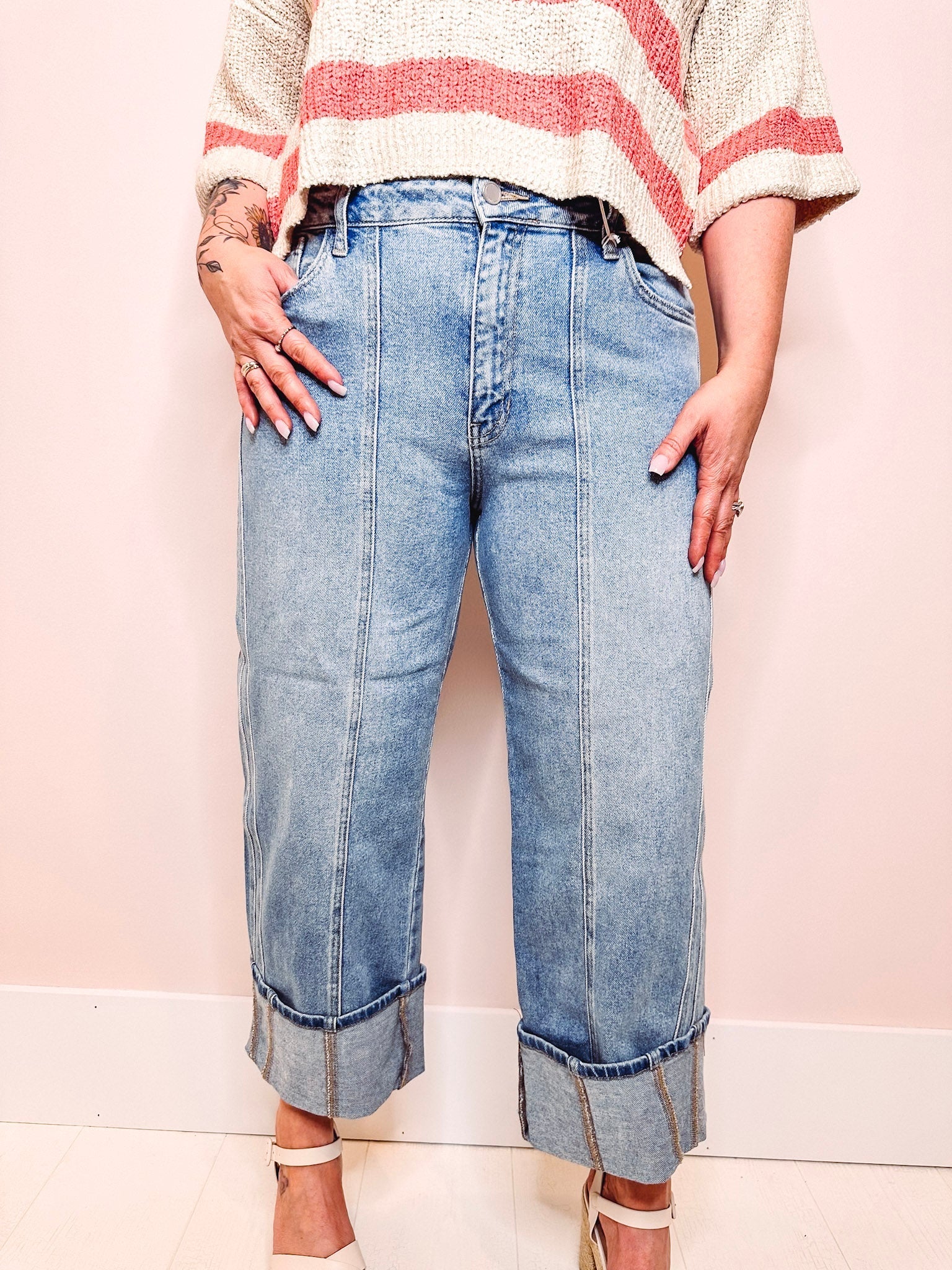 Eccentrics Boutique Denim Cuffed Barrel Jeans- Light Denim