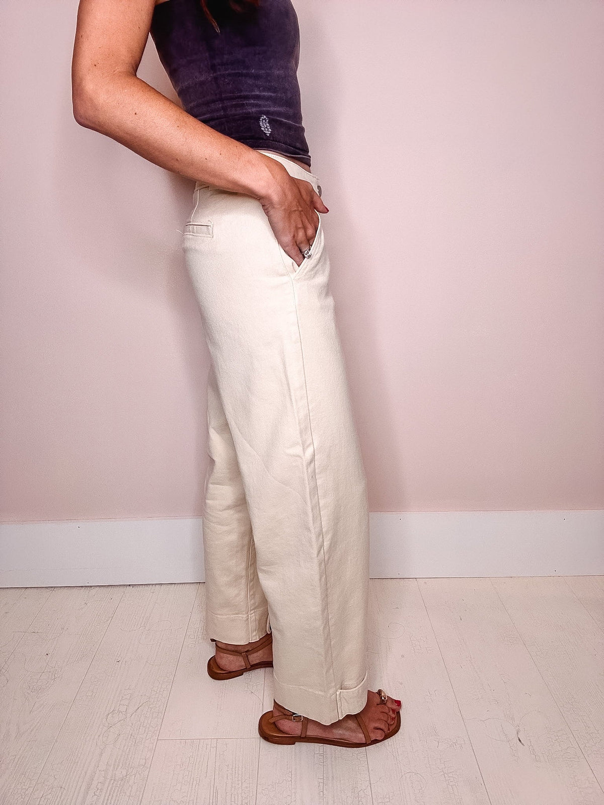 Eccentrics Boutique Pant Double Button Hem Barrel Jeans-- Cream