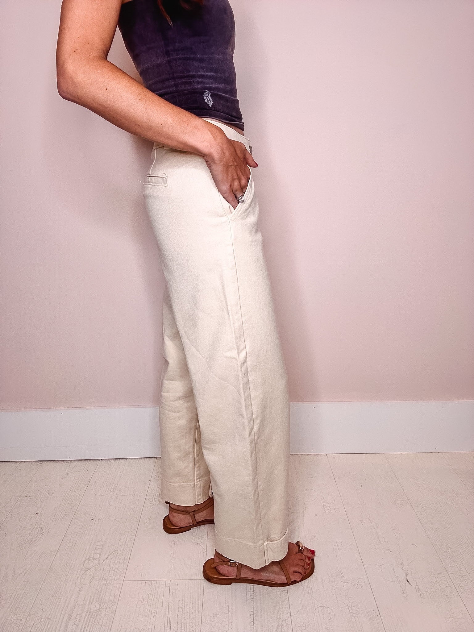 Eccentrics Boutique Pant Double Button Hem Barrel Jeans-- Cream