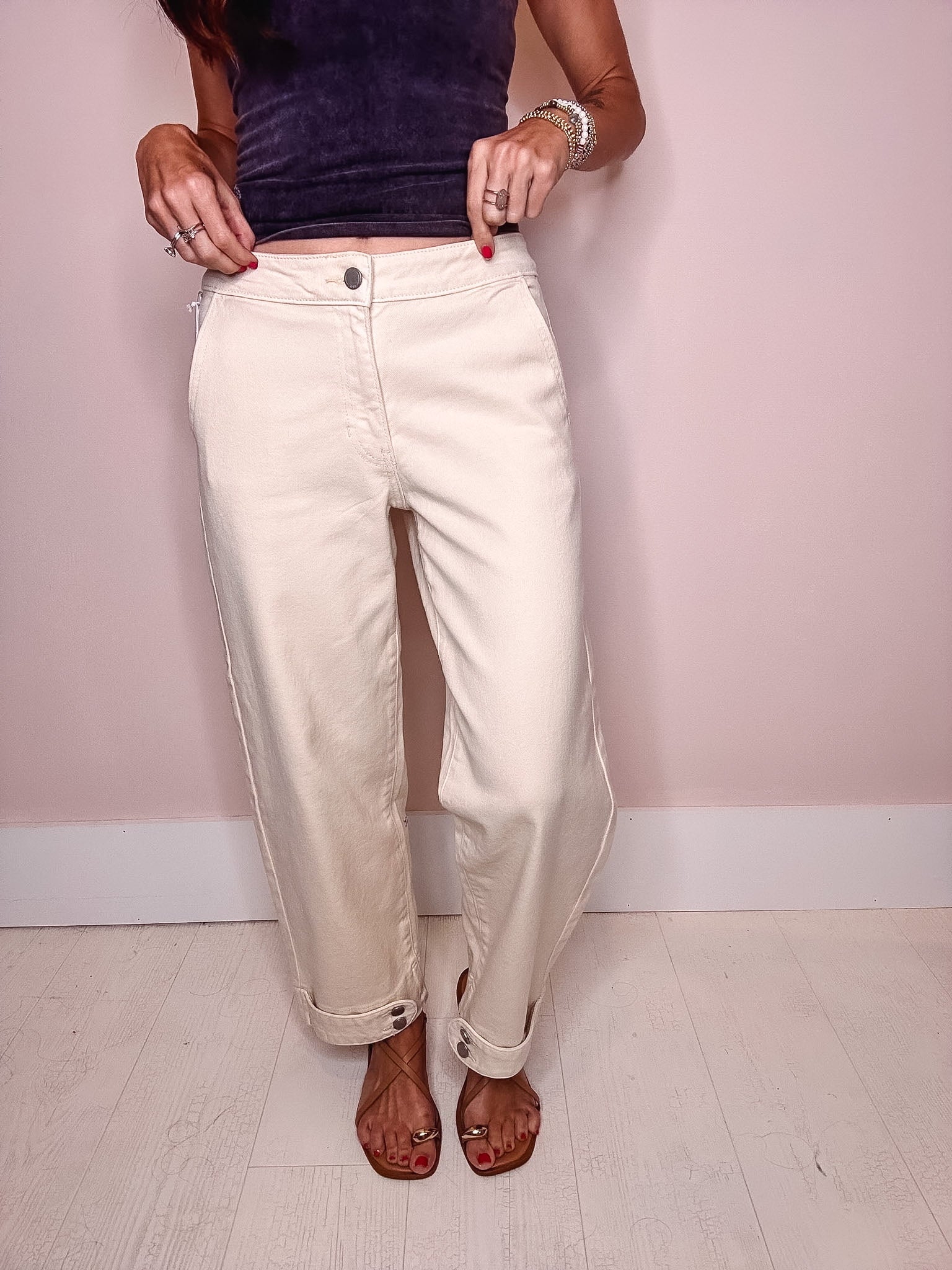 Eccentrics Boutique Pant Double Button Hem Barrel Jeans-- Cream