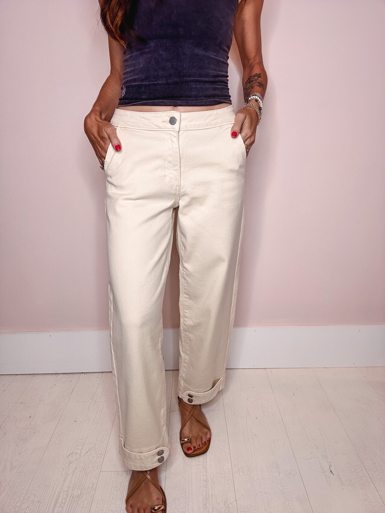 Eccentrics Boutique Pant Double Button Hem Barrel Jeans-- Cream