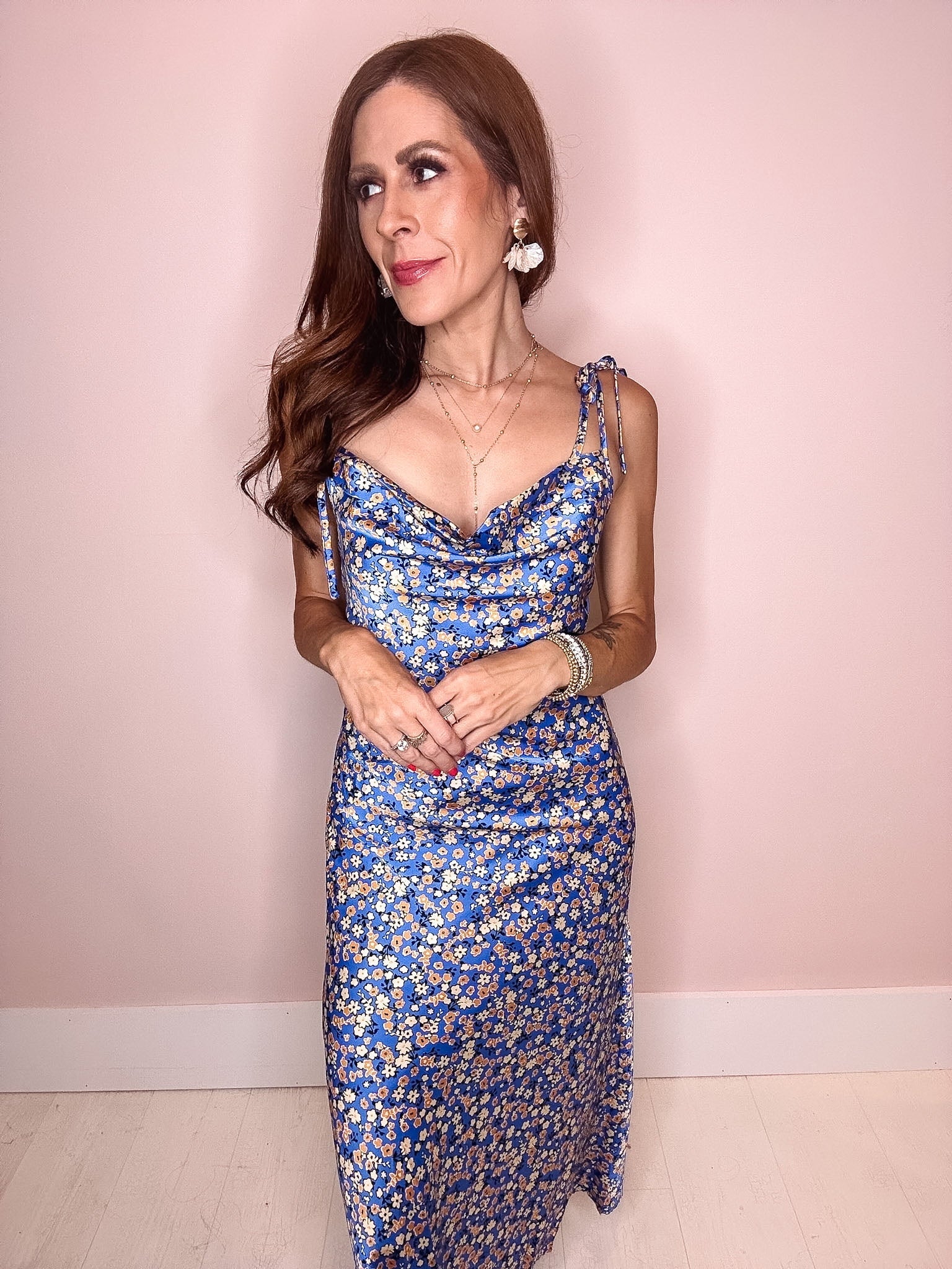 Eccentrics Boutique Dress Floral Bliss Silky Cowl Neck Midi Dress