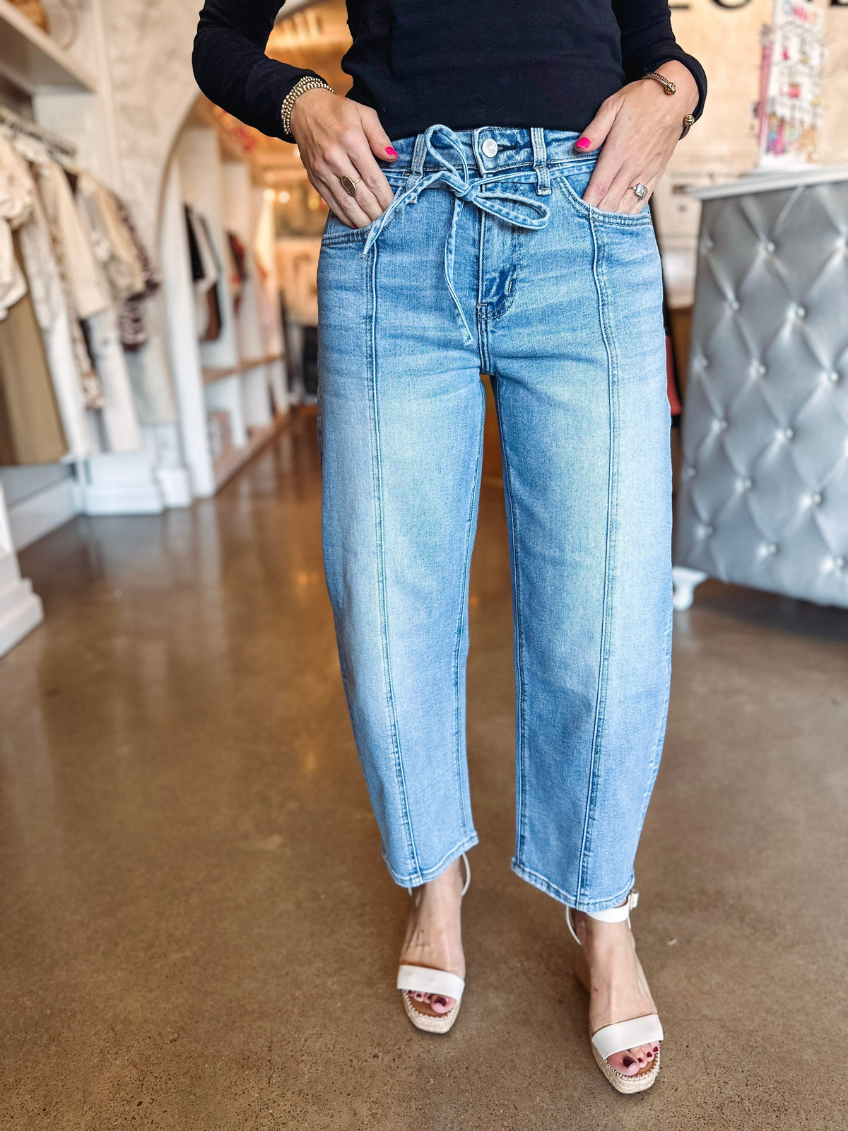 Eccentrics Boutique Denim High Rise Wide Barrel Denim With Tie Waist