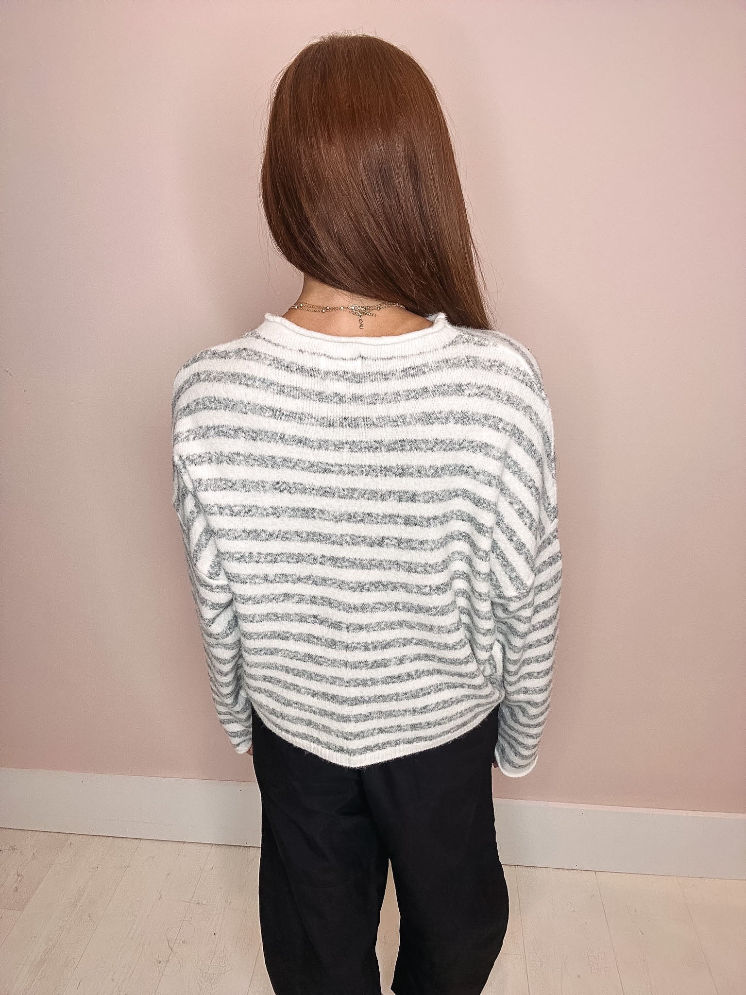 Eccentrics Boutique Sweater Moon River Striped Button Down Cardigan--Ivory/Grey