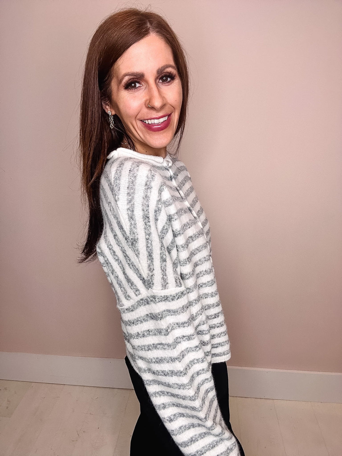 Eccentrics Boutique Sweater Moon River Striped Button Down Cardigan--Ivory/Grey