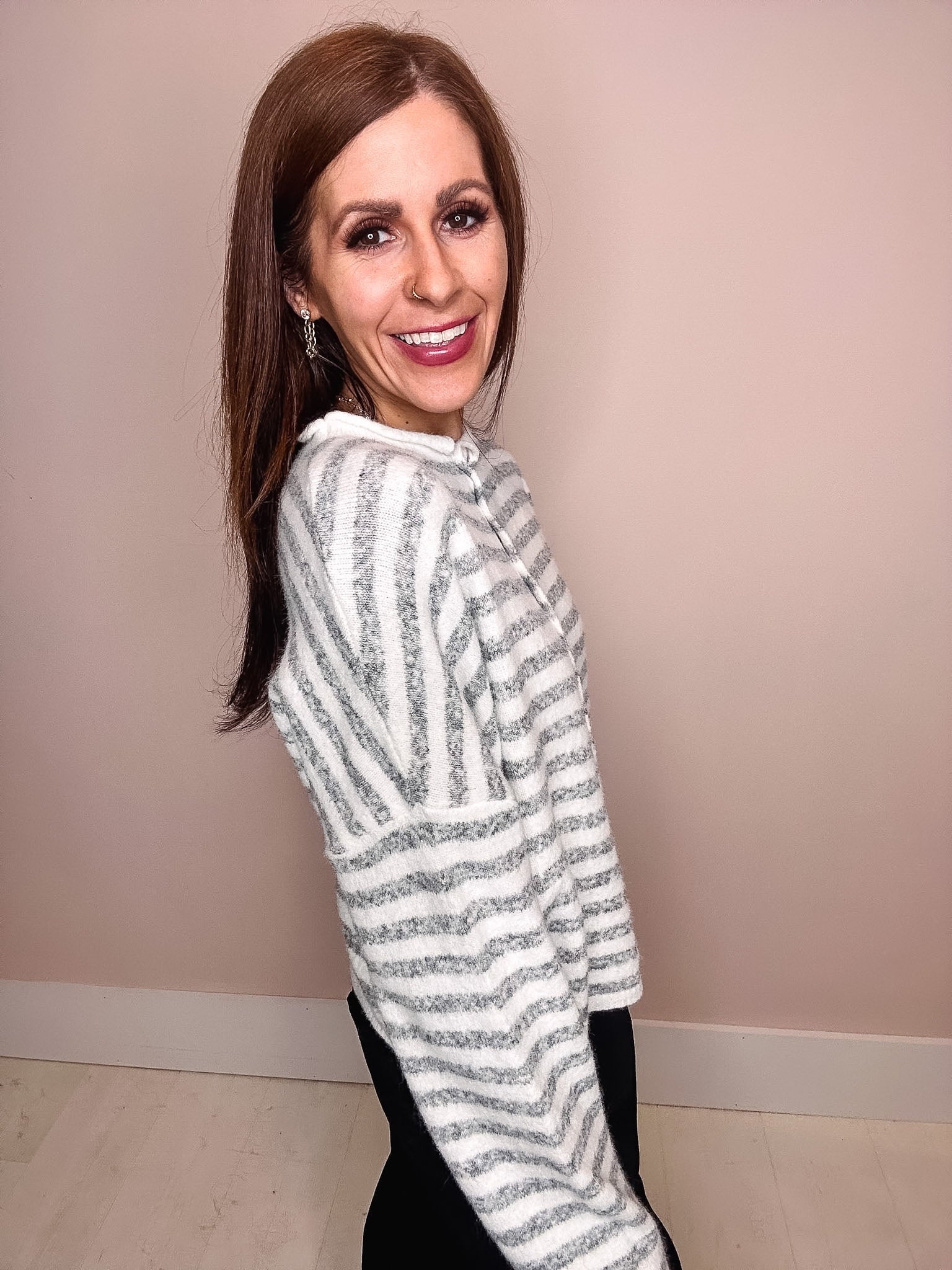 Eccentrics Boutique Sweater Moon River Striped Button Down Cardigan--Ivory/Grey