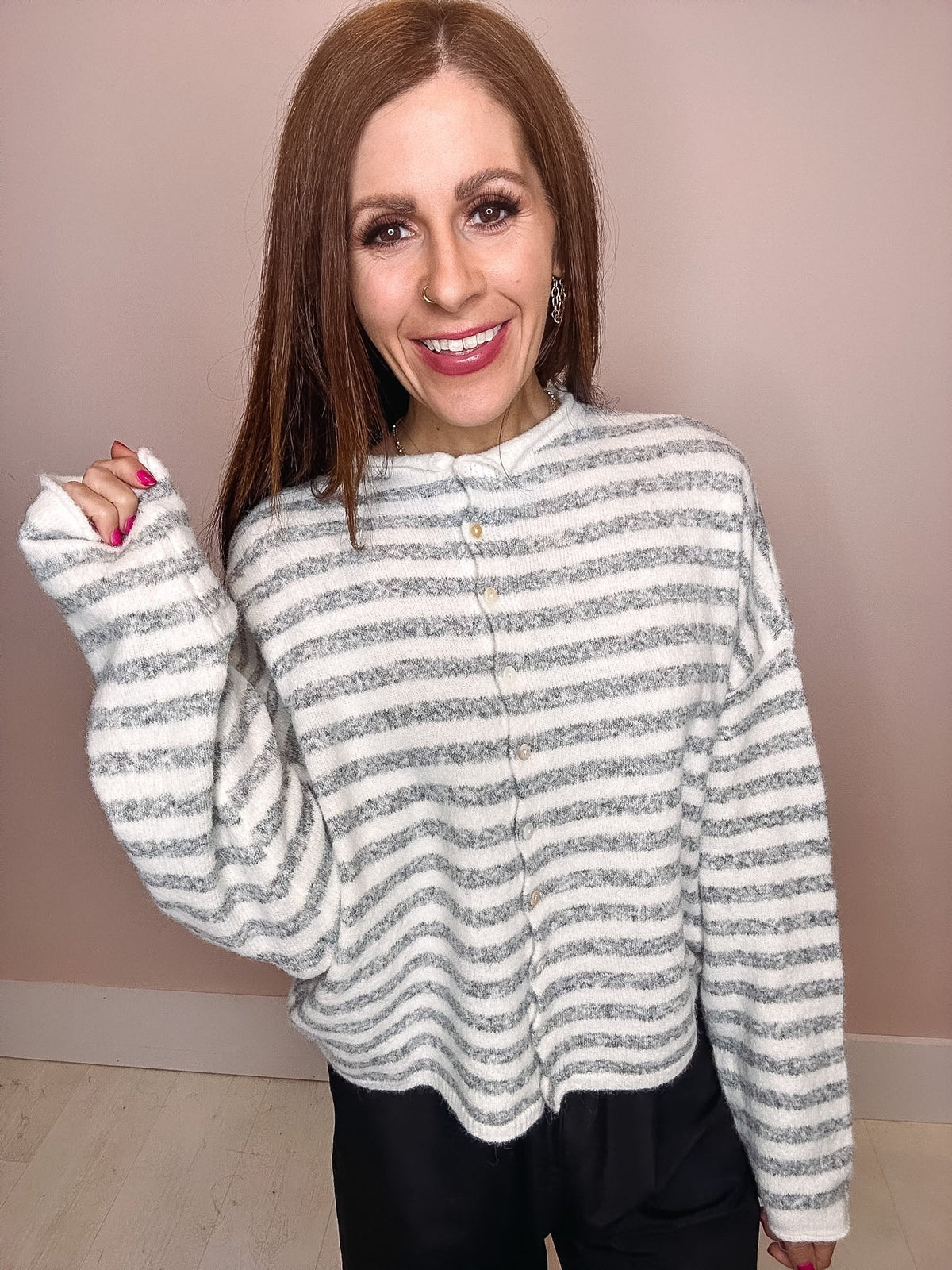 Eccentrics Boutique Sweater Moon River Striped Button Down Cardigan--Ivory/Grey