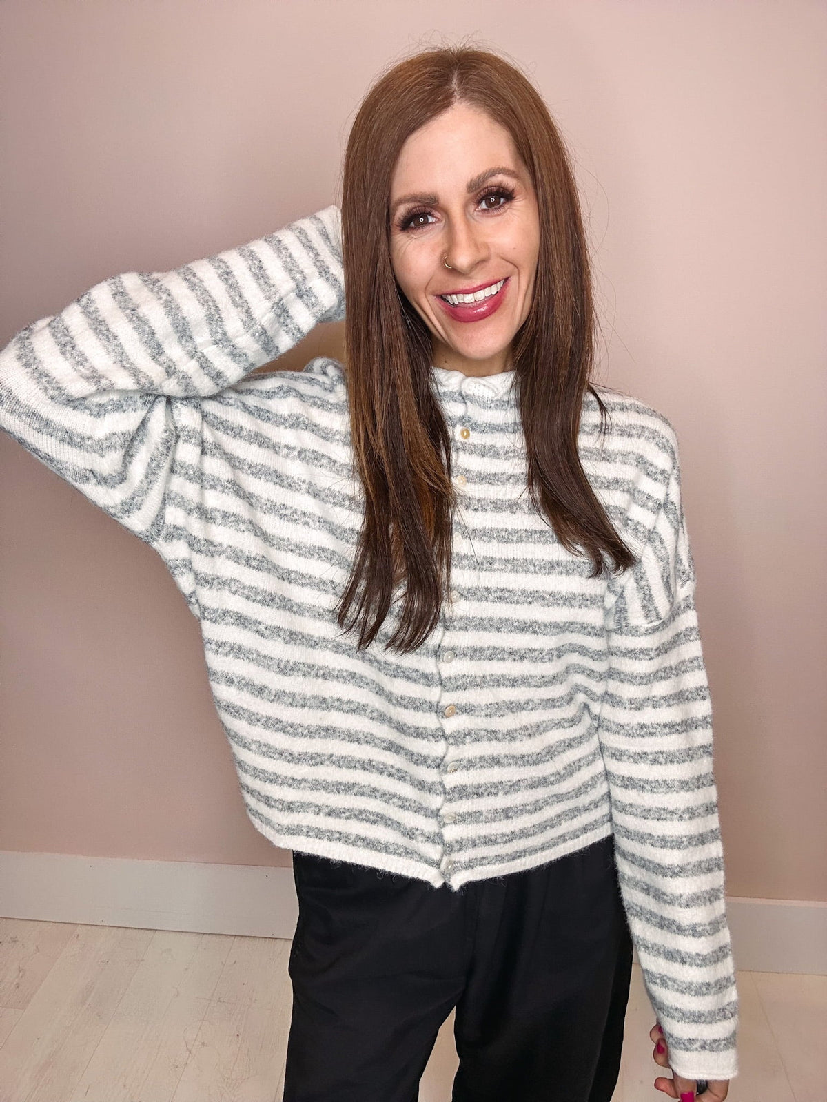 Eccentrics Boutique Sweater Moon River Striped Button Down Cardigan--Ivory/Grey