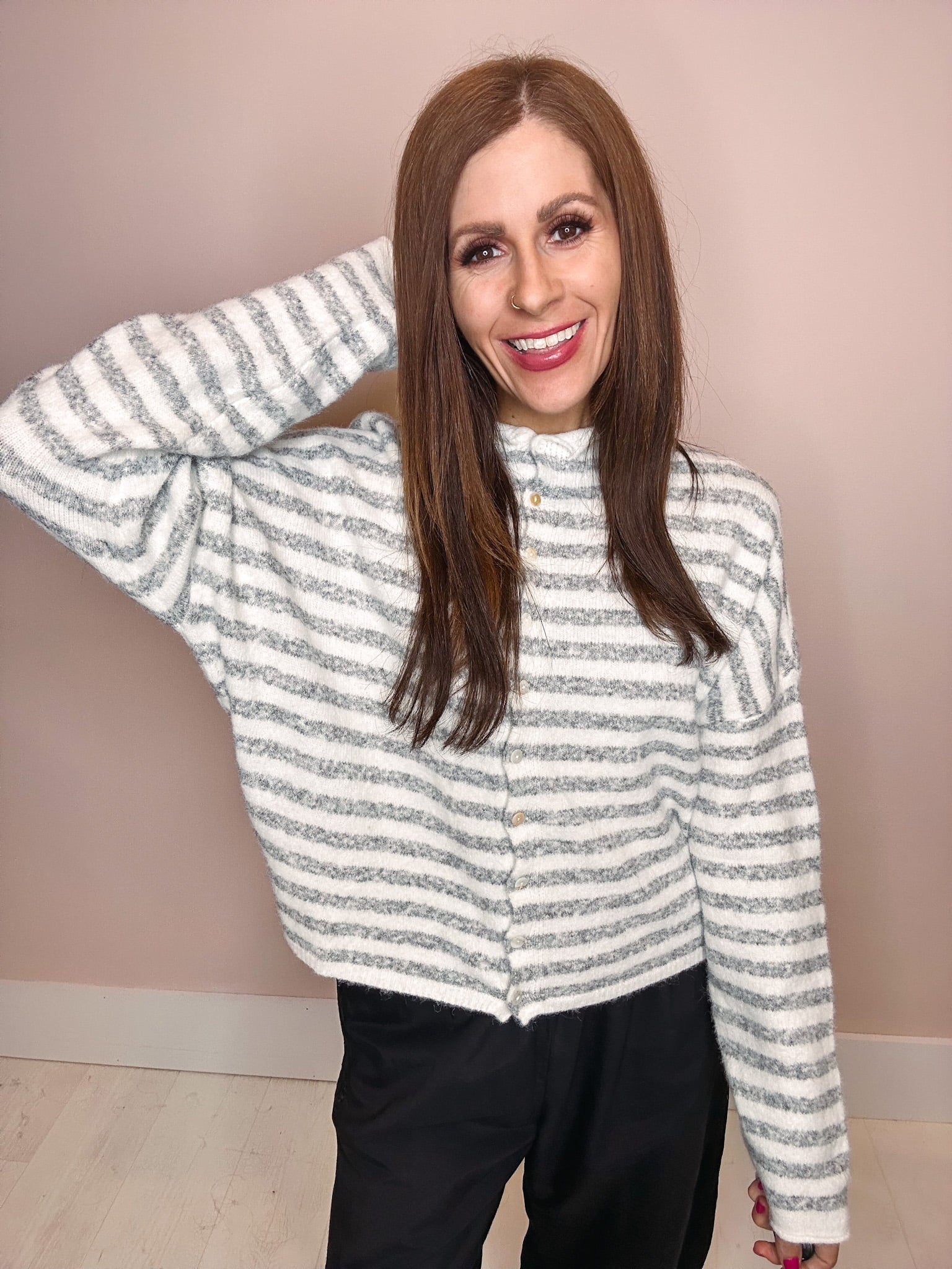 Eccentrics Boutique Sweater Moon River Striped Button Down Cardigan--Ivory/Grey