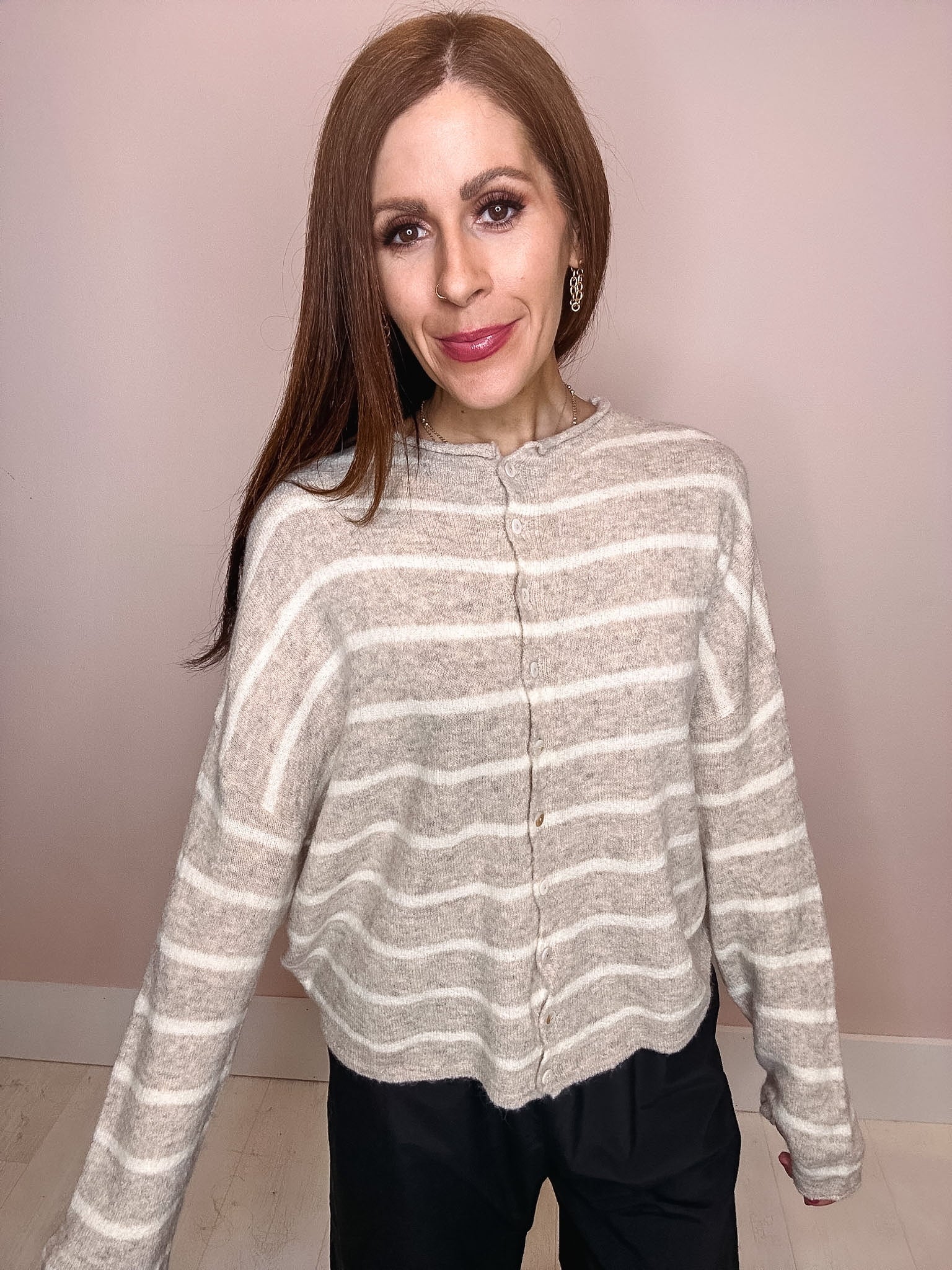 Eccentrics Boutique Sweater Piper Striped Cardigan-- Beige