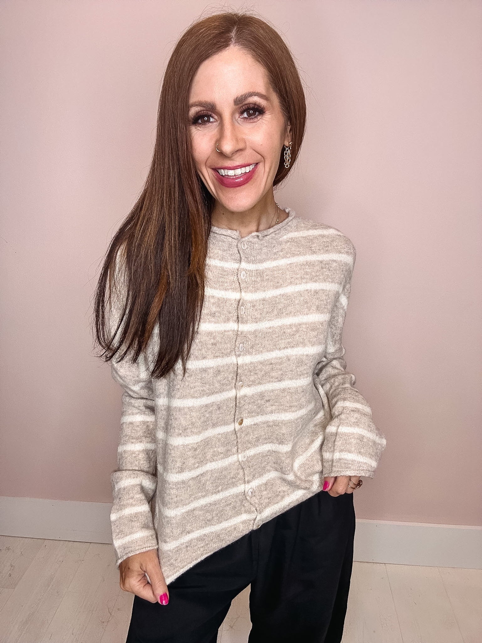Eccentrics Boutique Sweater Piper Striped Cardigan-- Beige