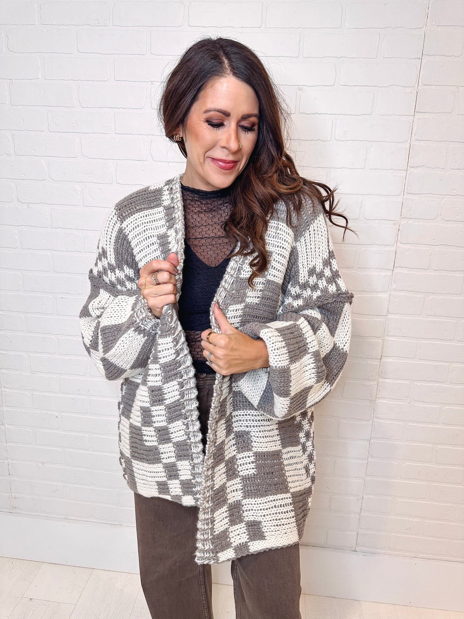 She's Edgy Checkered Oversized Cardigan Sweater