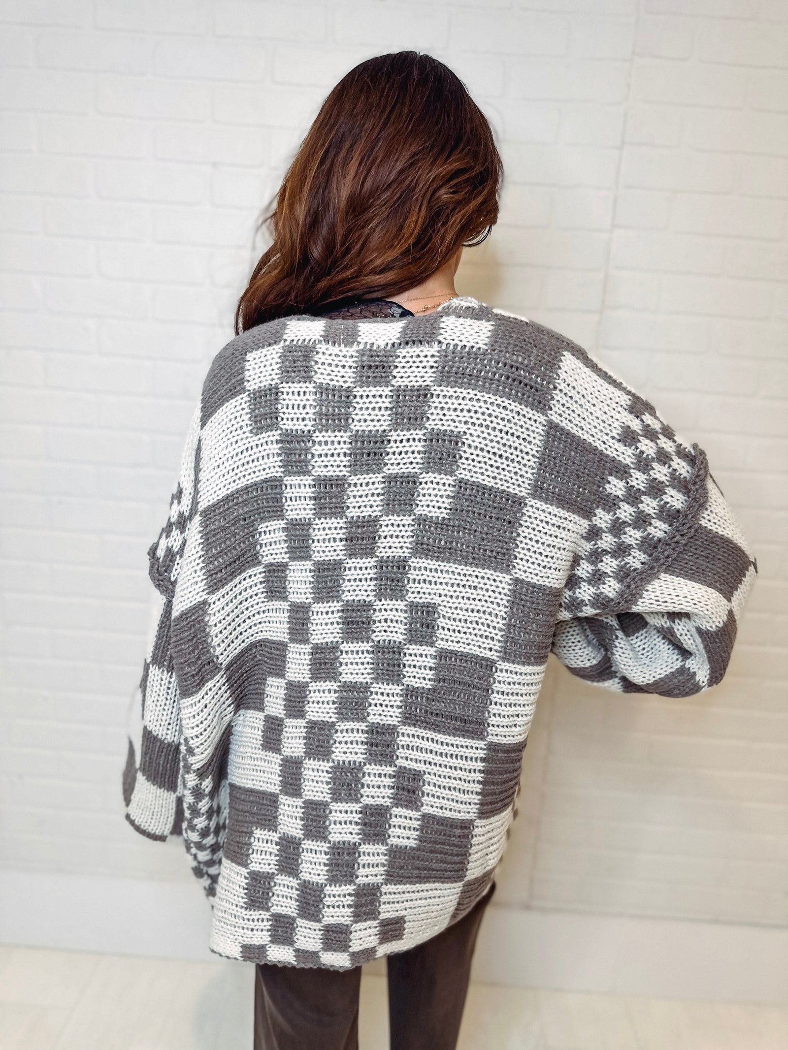 She's Edgy Checkered Oversized Cardigan Sweater
