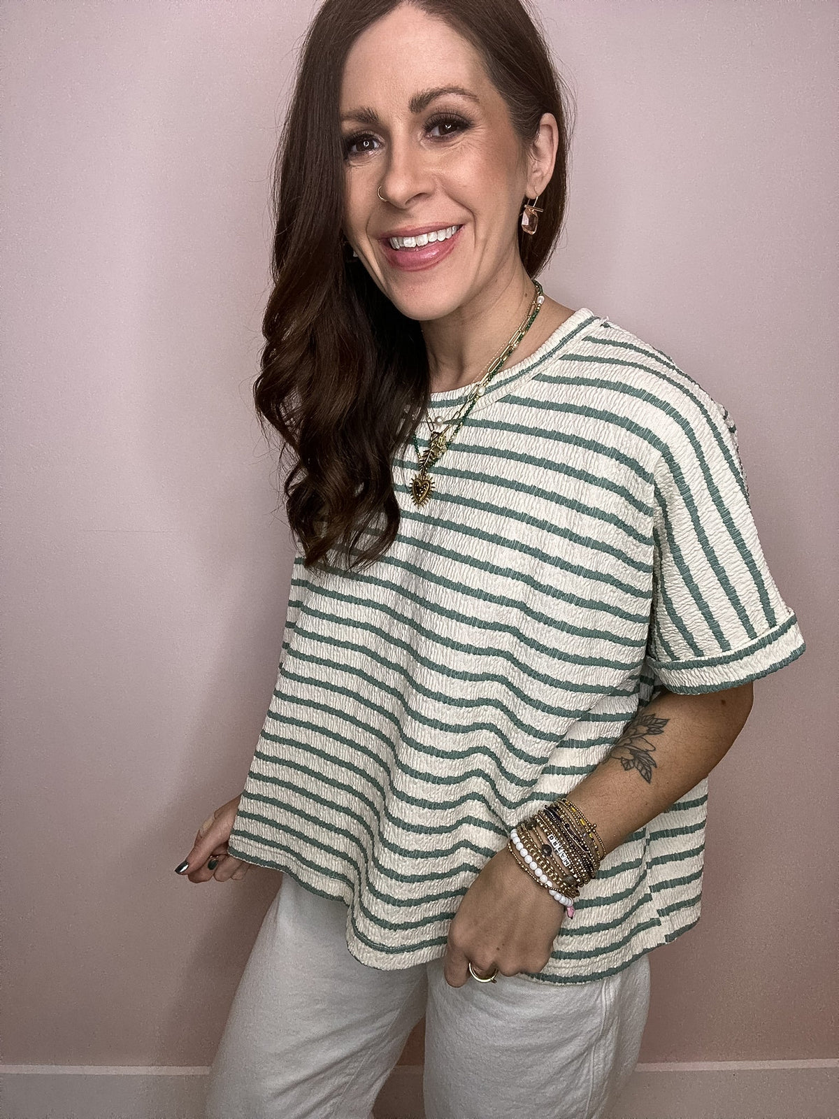 Eccentrics Boutique Top The Everyday Striped Tee- Sage