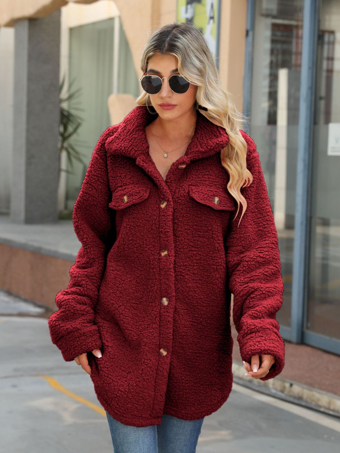 Button-Down Collared Coat (Maroon/White)