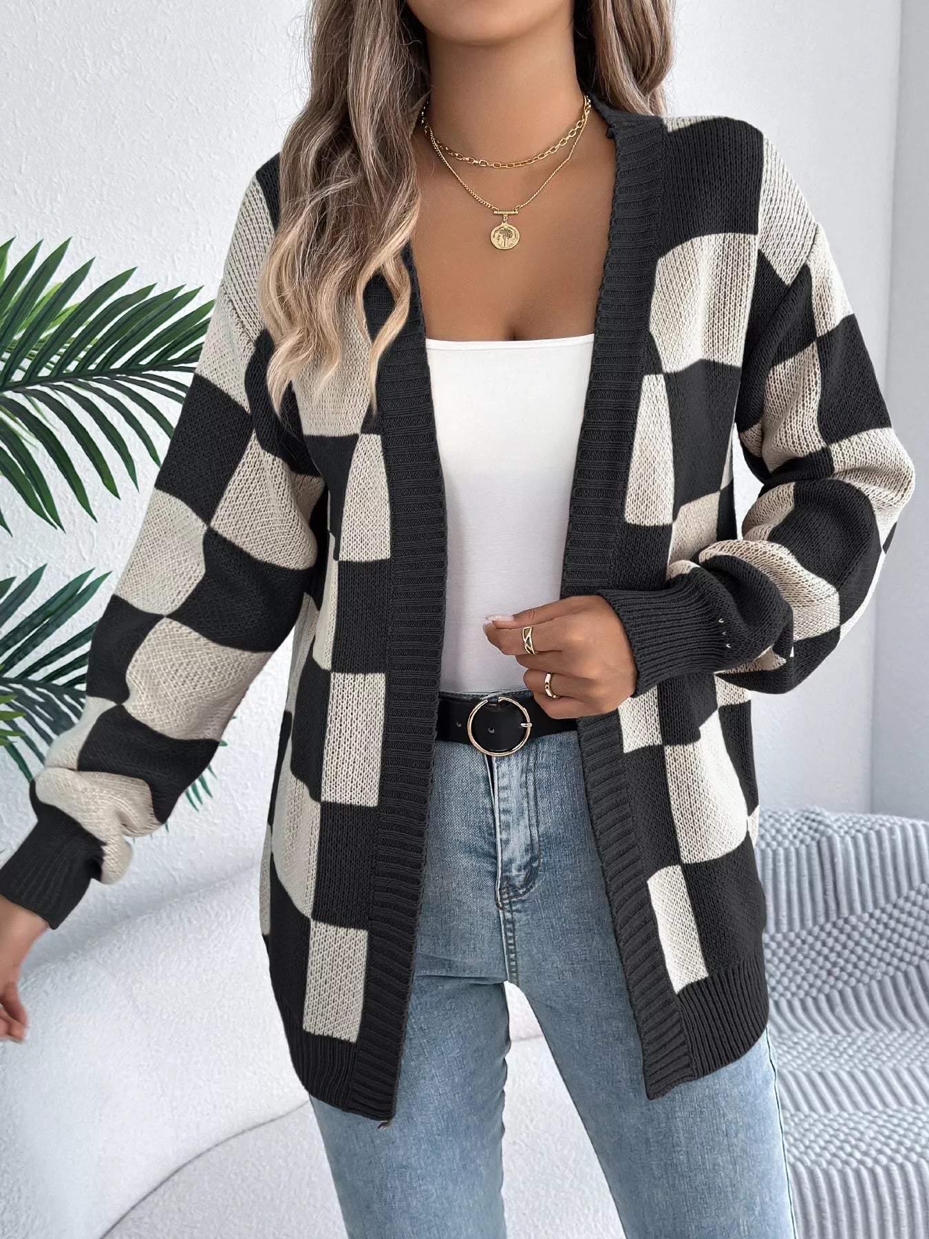 Checkered Pattern Open Front Cardigan