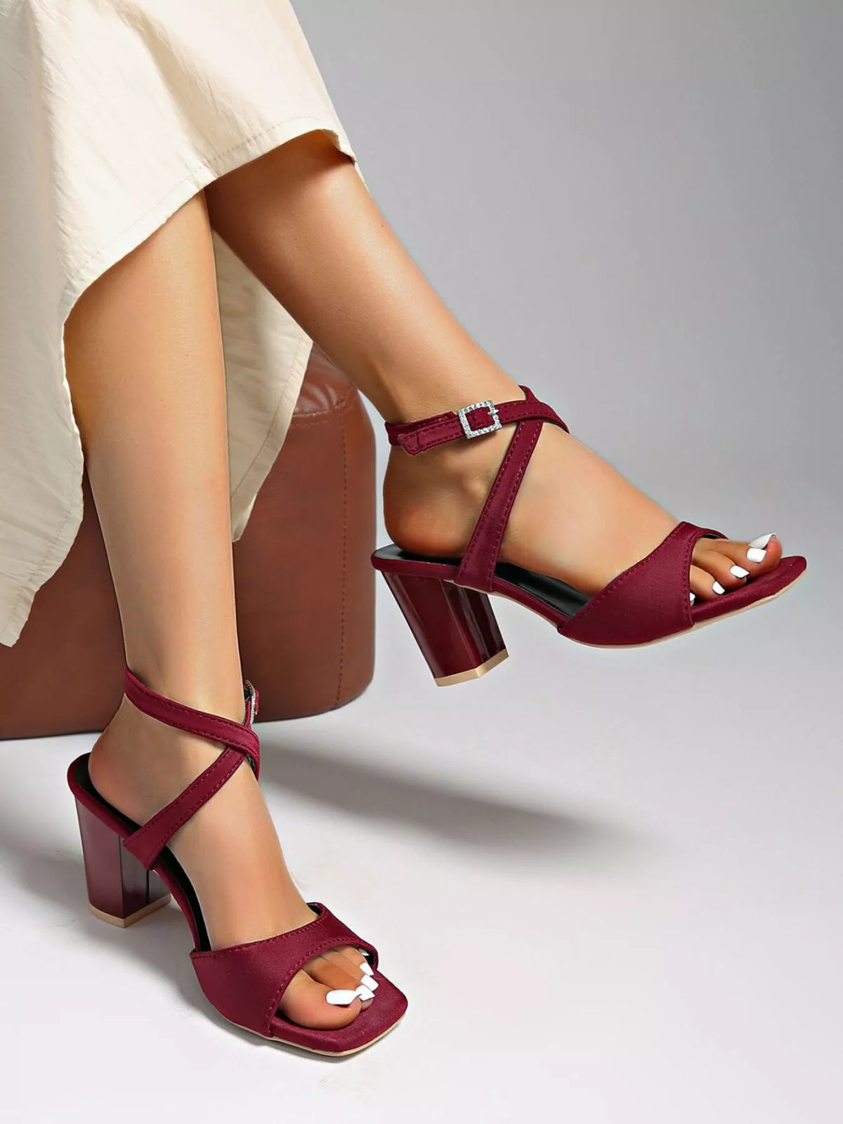 Open Toe Block Heels Sandals - Maroon or Black