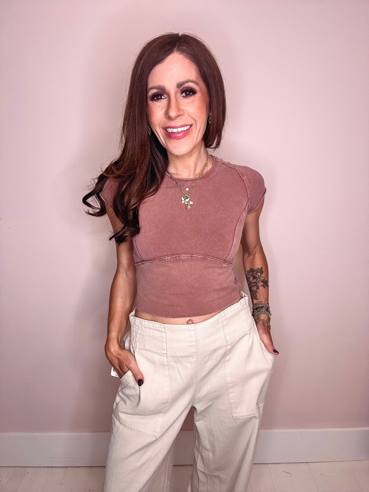 Free People Top Free People Protagonist Cropped Cap Sleeve Tee Cedar Wood / X-Small / Cotton/Elastane