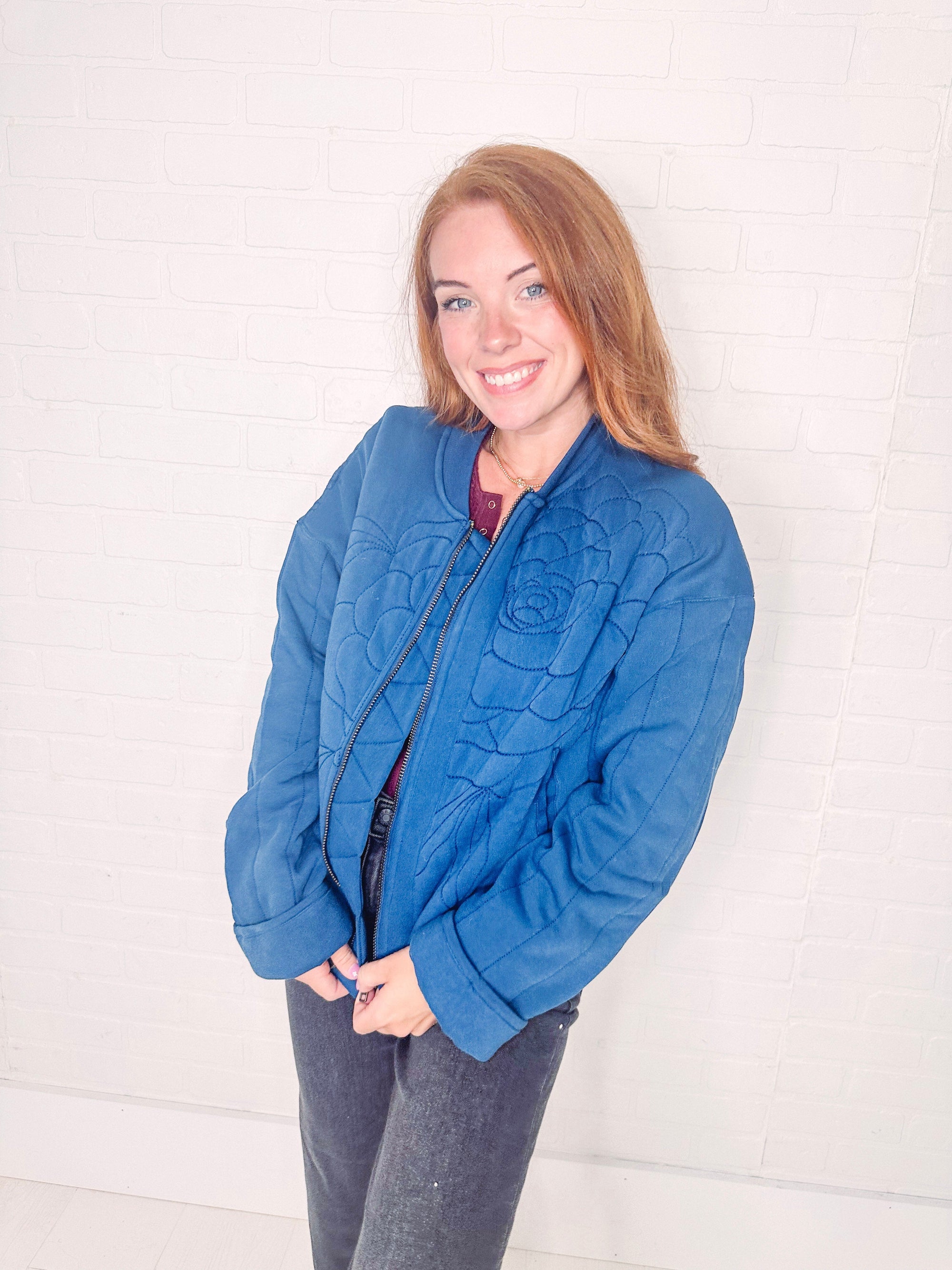 Free People Jacket Free People Rose Zip- Up Sweatshirt in Indigo