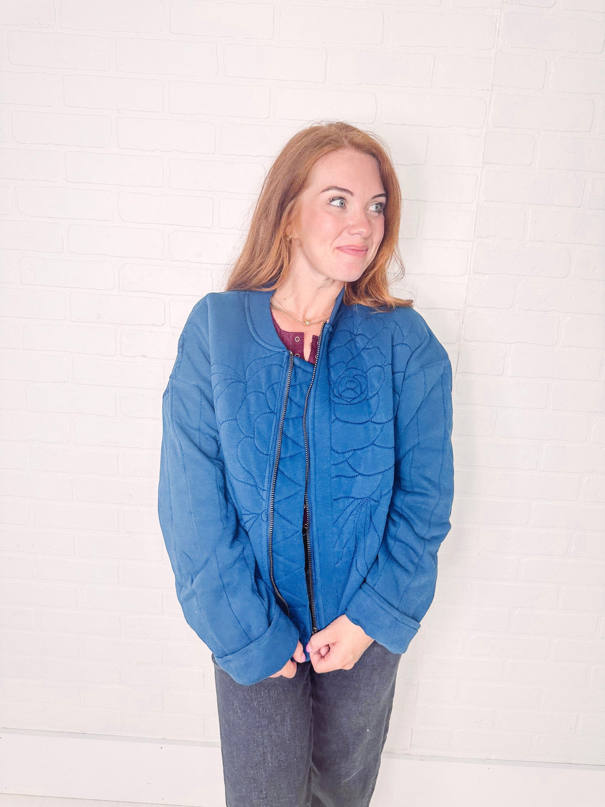 Free People Jacket Free People Rose Zip- Up Sweatshirt in Indigo