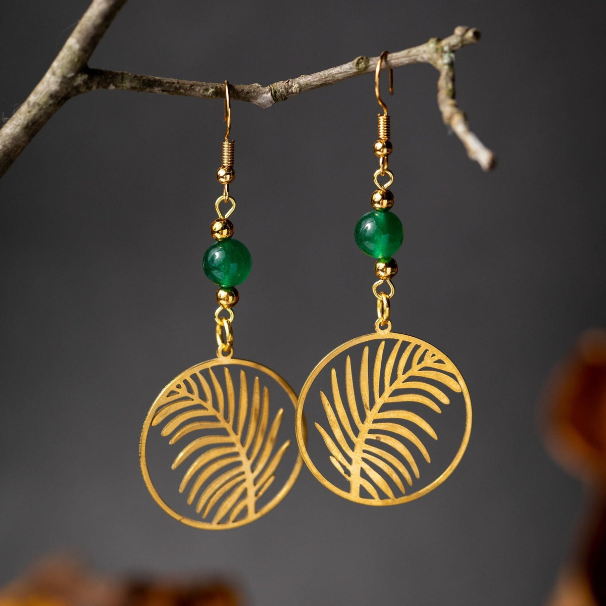 Majesty Palm Leaves with Green Jade Earrings