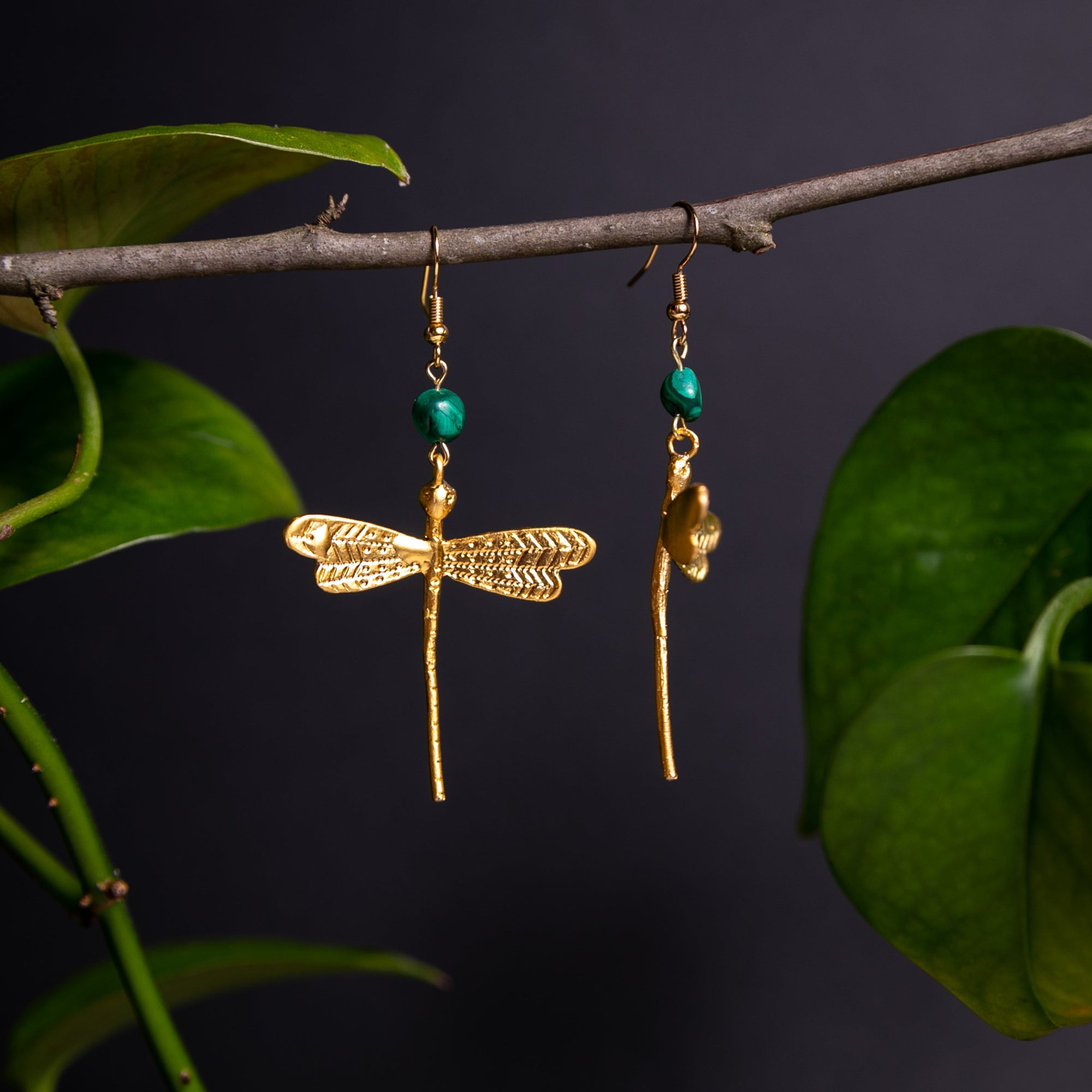 handmade dragonfly and malachite earrings for women
