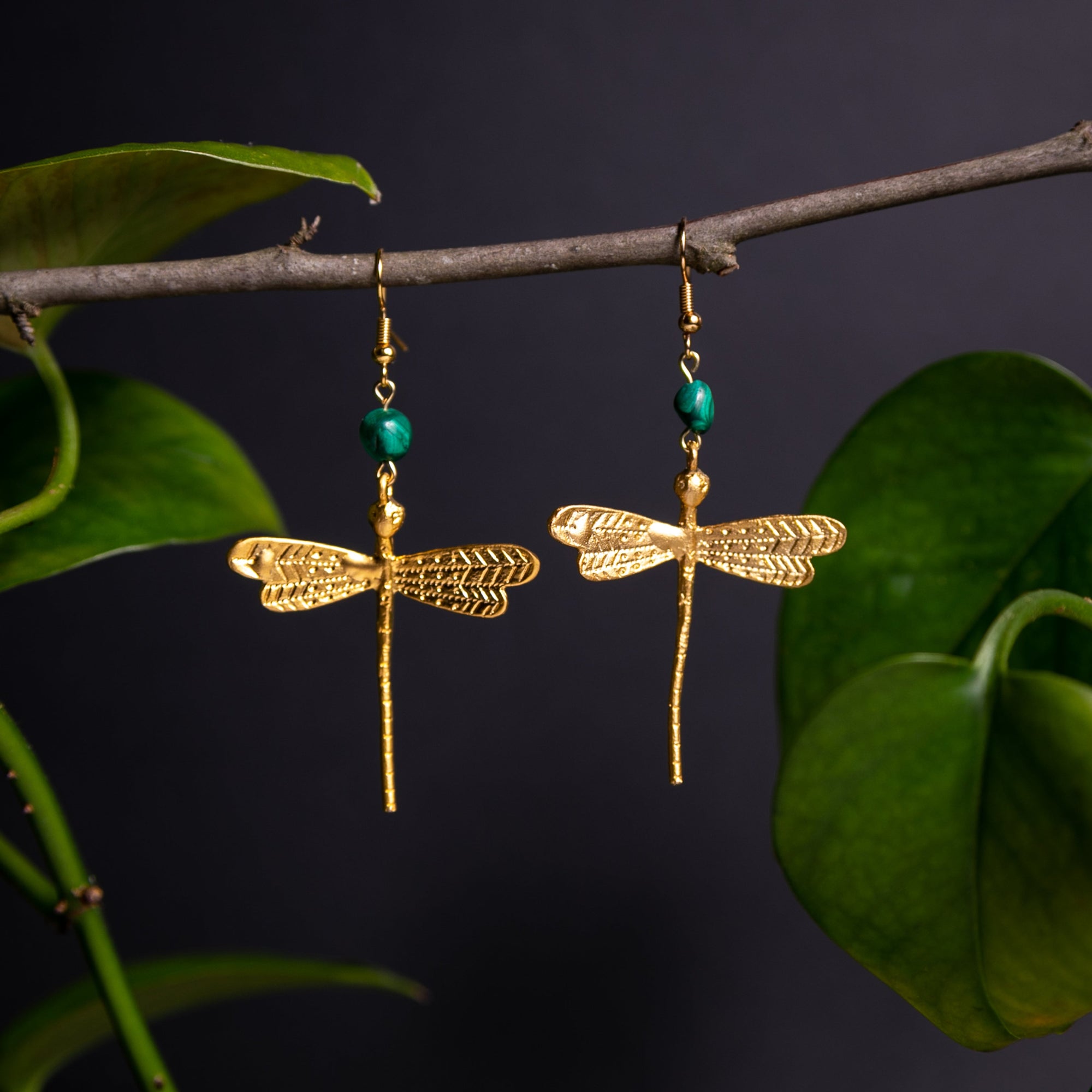 Gold Gilded Dragonfly Statement Earrings with Malachite